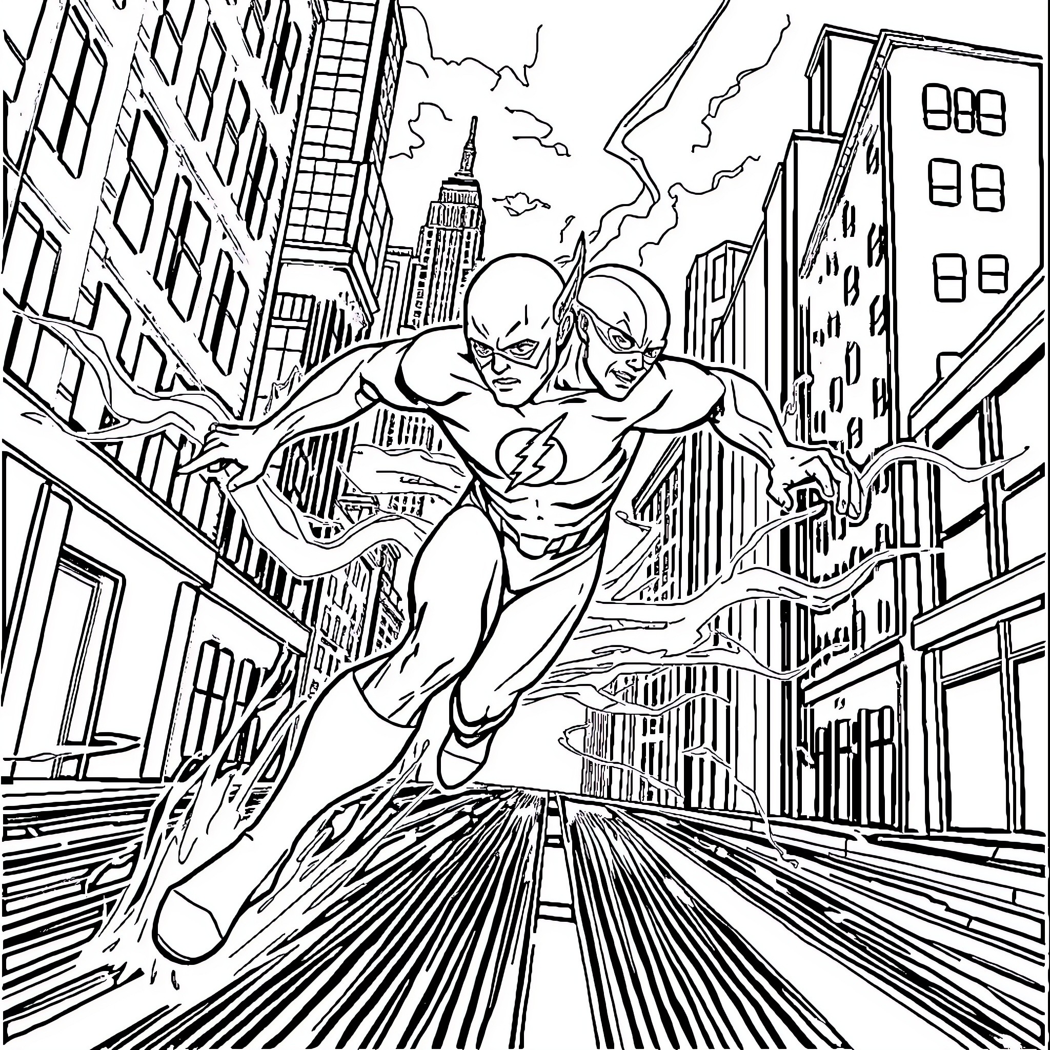 Flash Superhero Rushing through Vibrant City Coloring Page (free black-and-white line drawing printable PDF for all, from beginners to advanced learners, including children, teens, adults, and seniors)