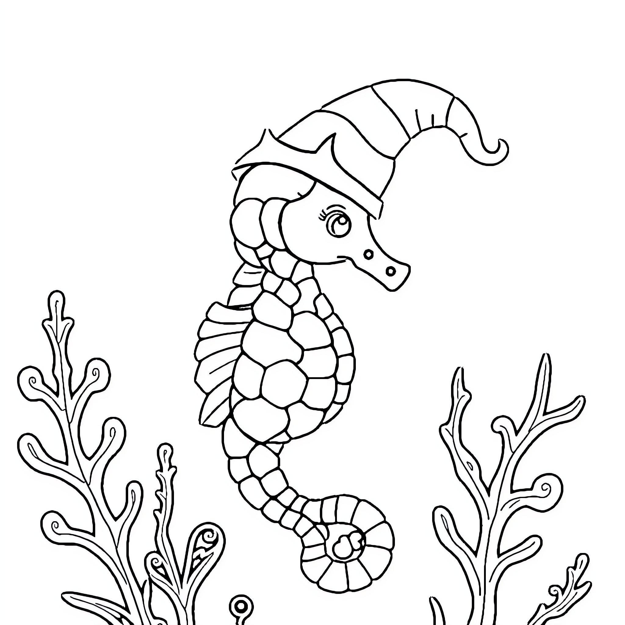 Seahorse exploring the underwater scene Coloring Page (free black-and-white line drawing printable PDF for all, from beginners to advanced learners, including children, teens, adults, and seniors)