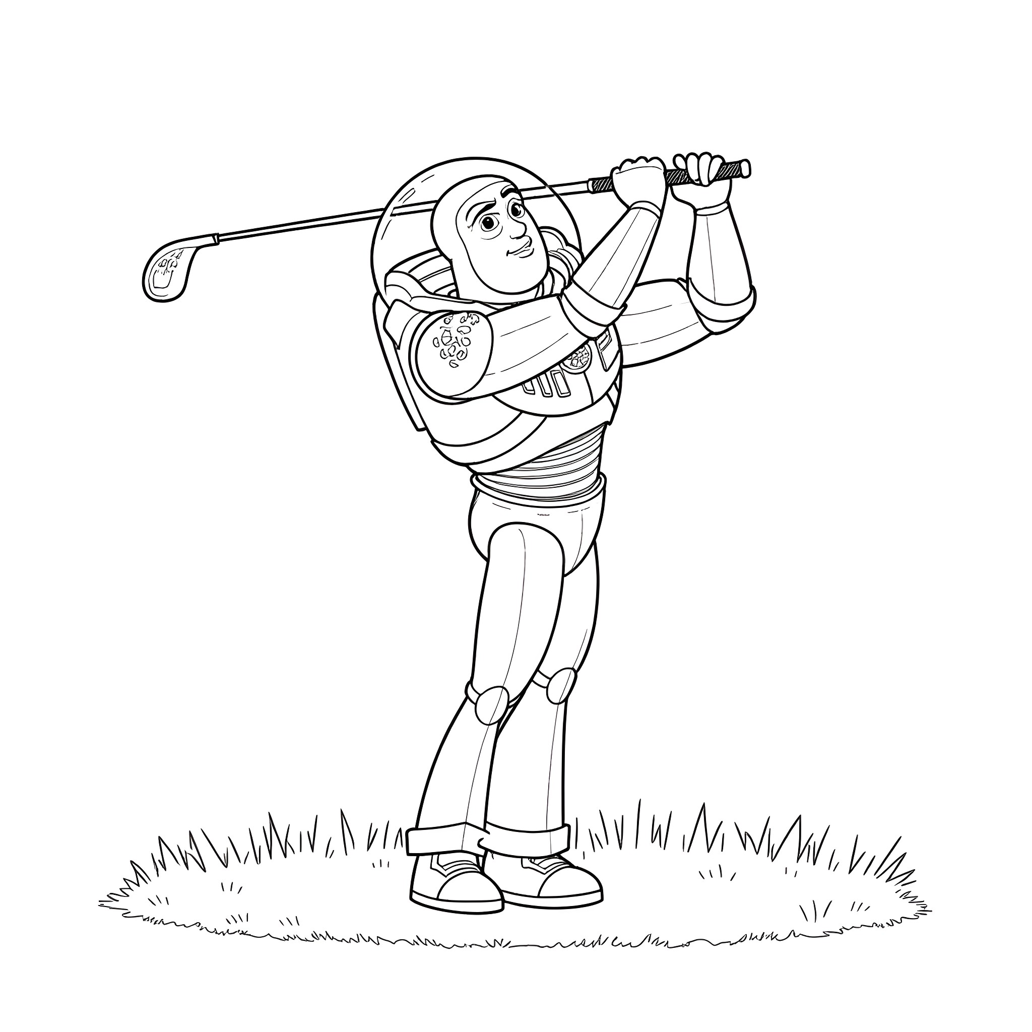 Buzz Lightyear playing golf in the park Coloring Page (free black-and-white line drawing printable PDF for all, from beginners to advanced learners, including children, teens, adults, and seniors)