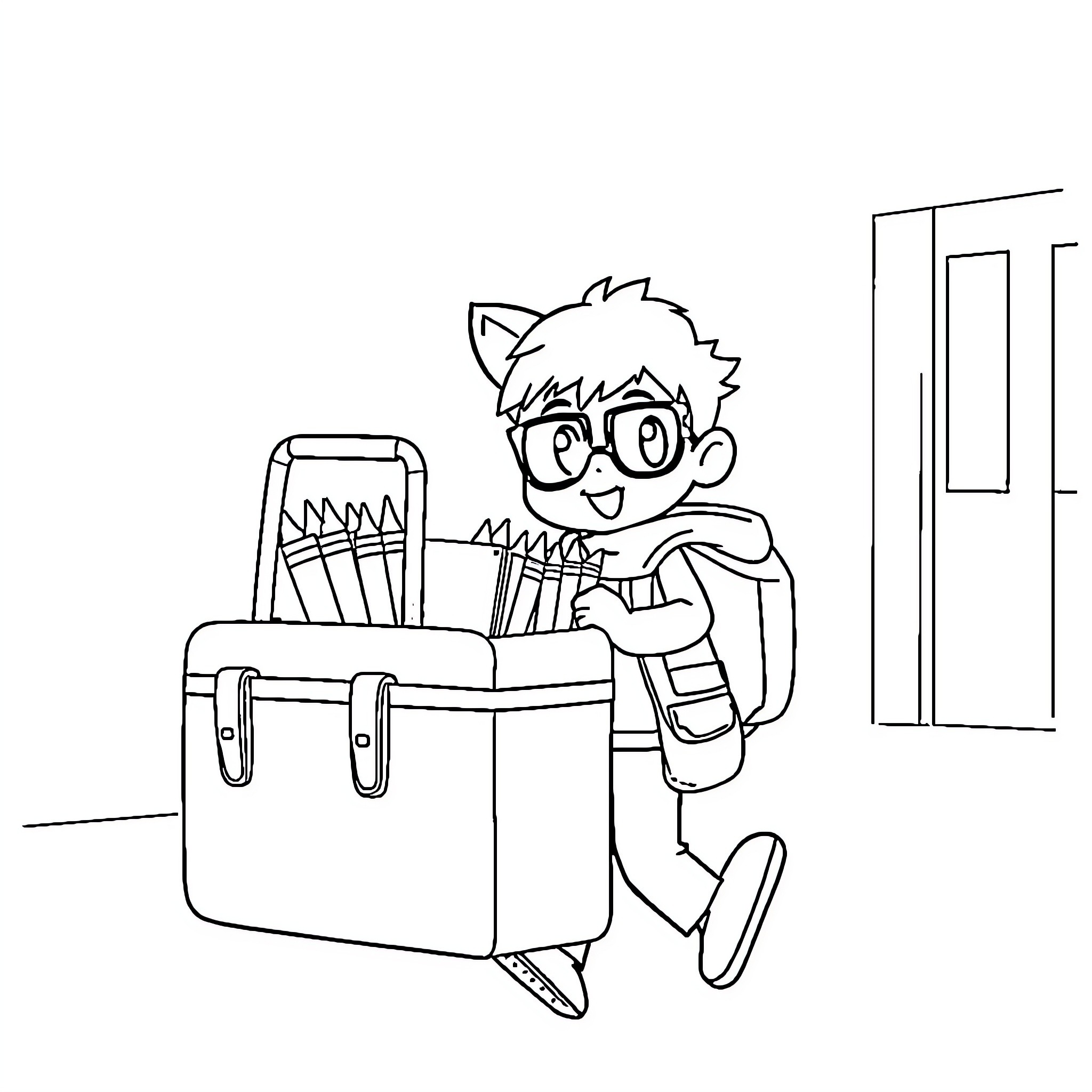 Taoki boy with schoolbag ready for class Coloring Page (free black-and-white line drawing printable PDF for all, from beginners to advanced learners, including children, teens, adults, and seniors)