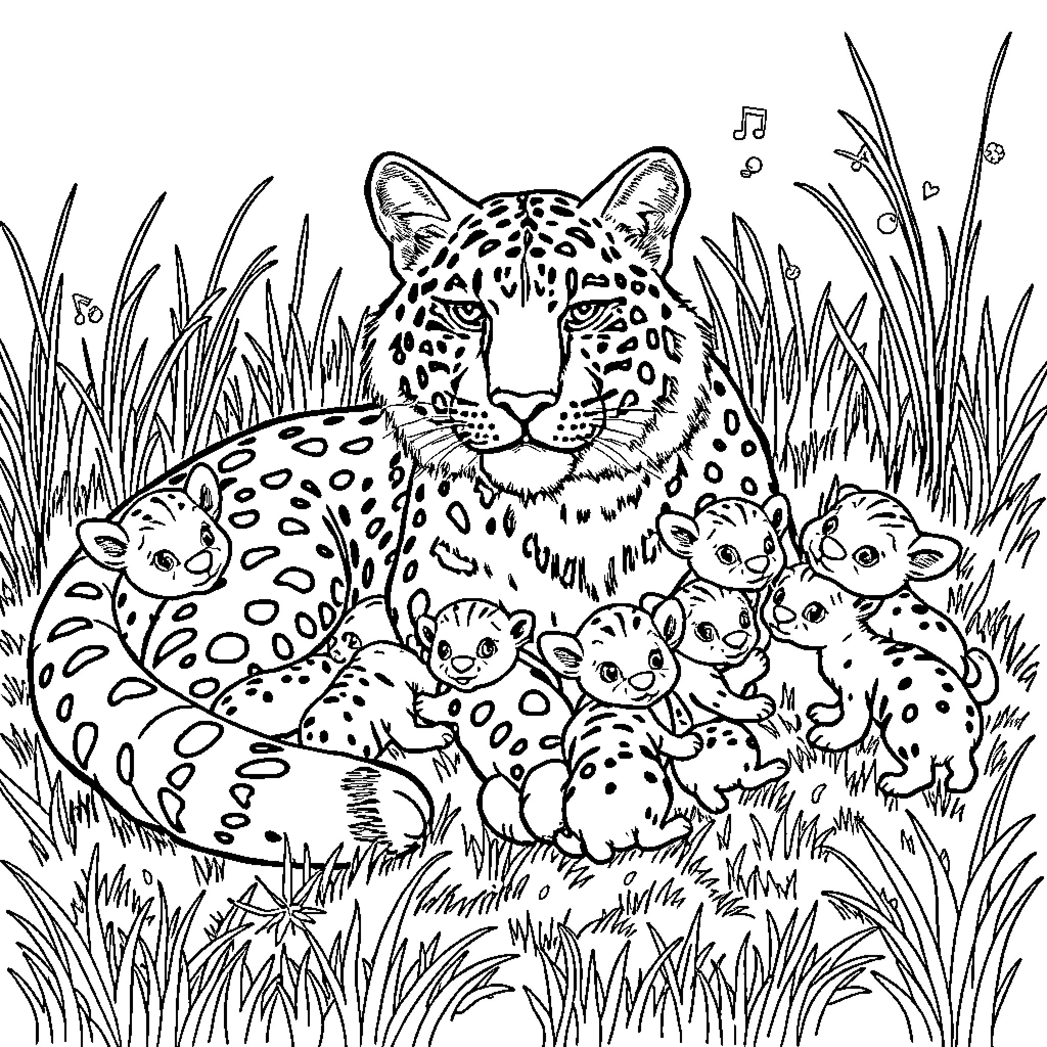 Cat and her Spotted Cubs in Tall Grass Coloring Page (free black-and-white line drawing printable PDF for all, from beginners to advanced learners, including children, teens, adults, and seniors)