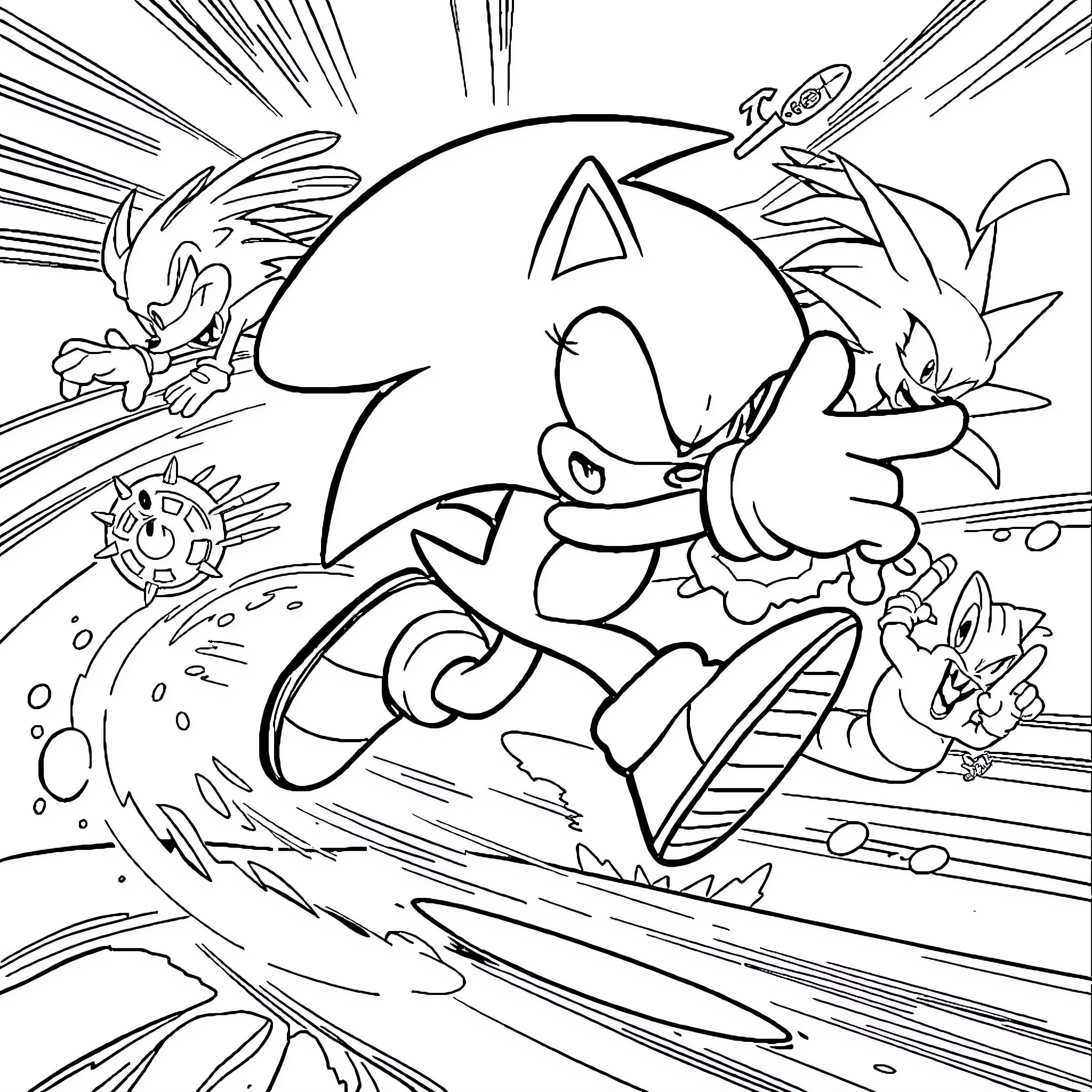 Sonic racing through a dynamic sci-fi landscape Coloring Page (free black-and-white line drawing printable PDF for all, from beginners to advanced learners, including children, teens, adults, and seniors)