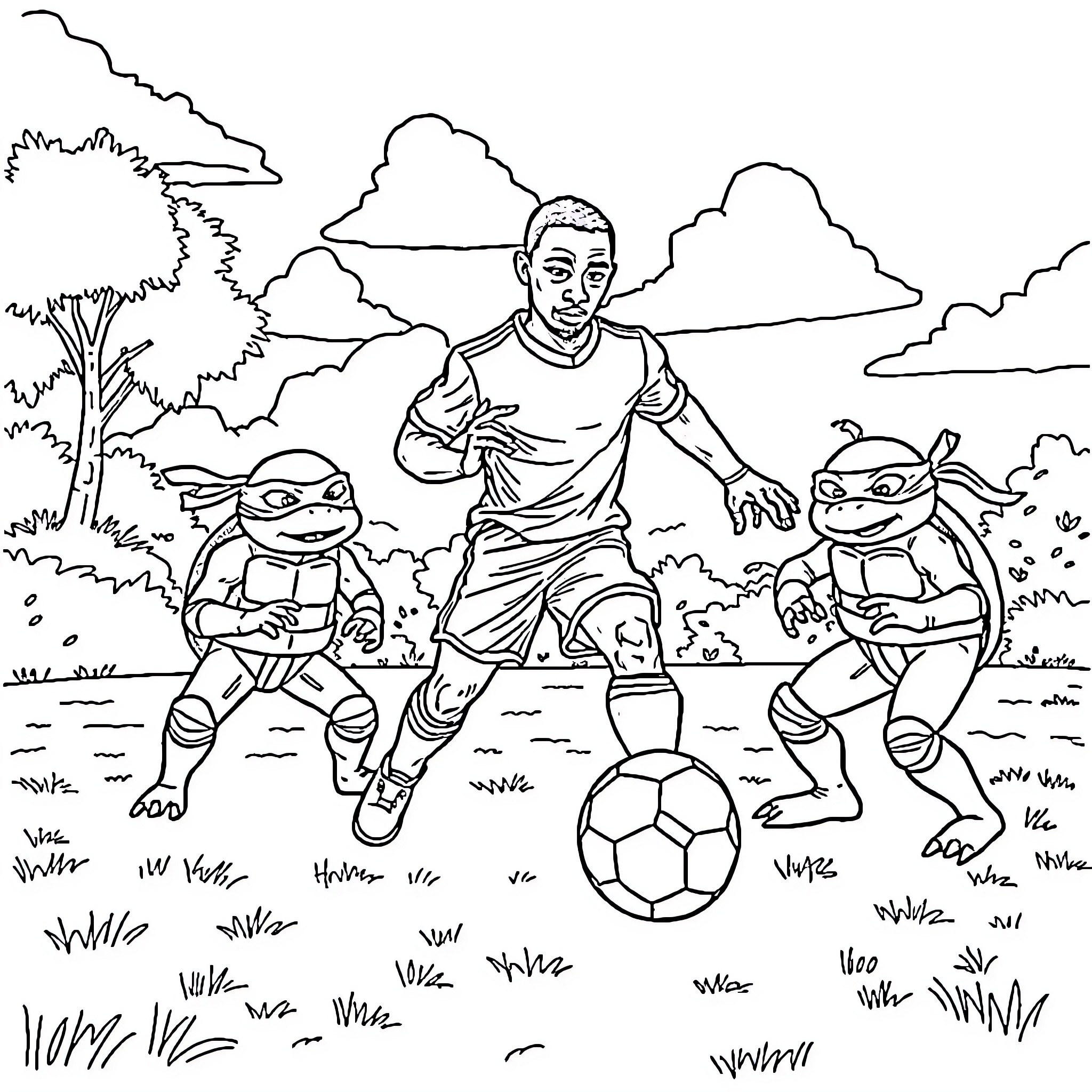 Mbappe playing soccer with ninja turtles in the park Coloring Page (free black-and-white line drawing printable PDF for all, from beginners to advanced learners, including children, teens, adults, and seniors)