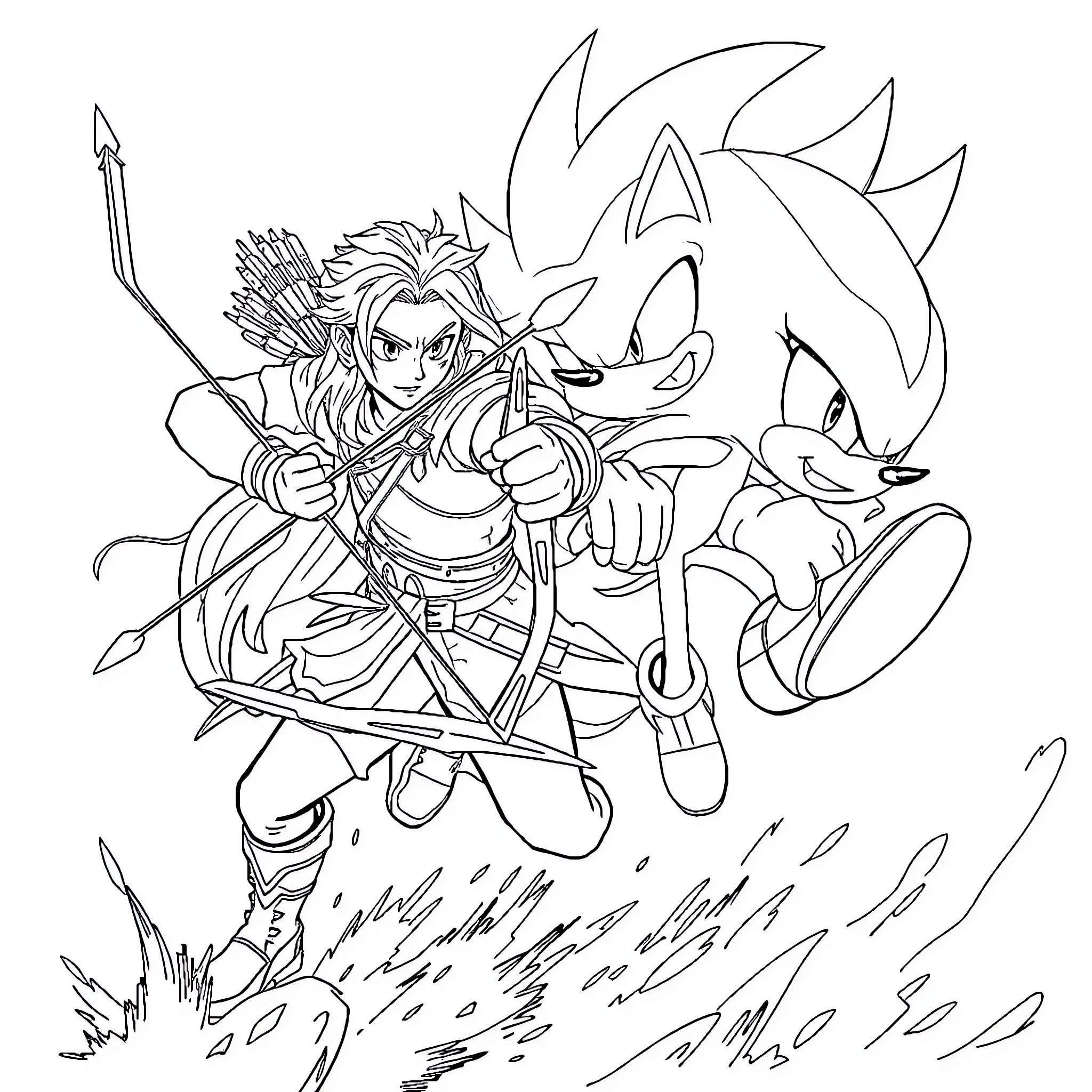 Legolas the Archer in Epic Battle Stance Coloring Page (free black-and-white line drawing printable PDF for all, from beginners to advanced learners, including children, teens, adults, and seniors)