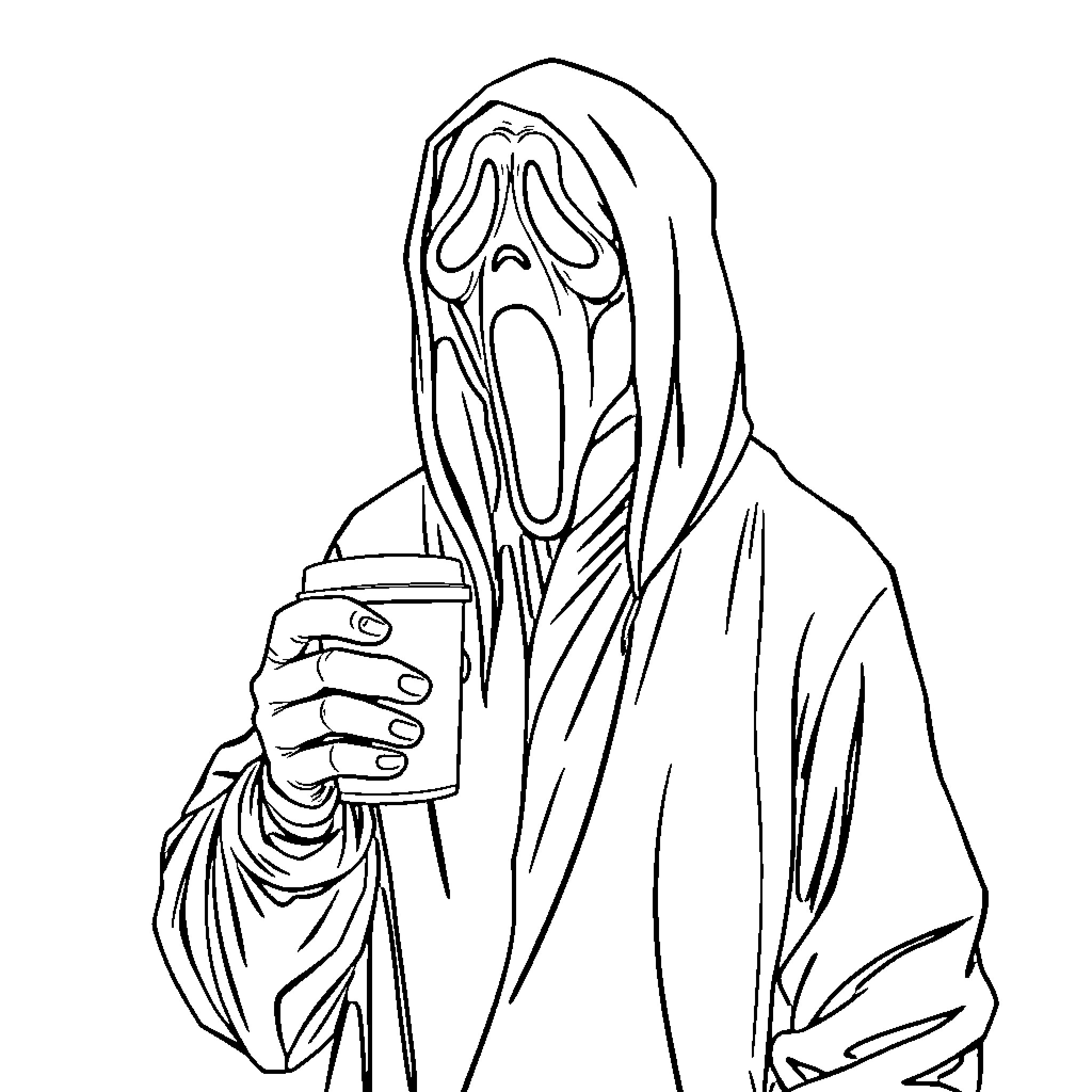 Guy in a ghostly costume holding a cup Coloring Page (free black-and-white line drawing printable PDF for all, from beginners to advanced learners, including children, teens, adults, and seniors)
