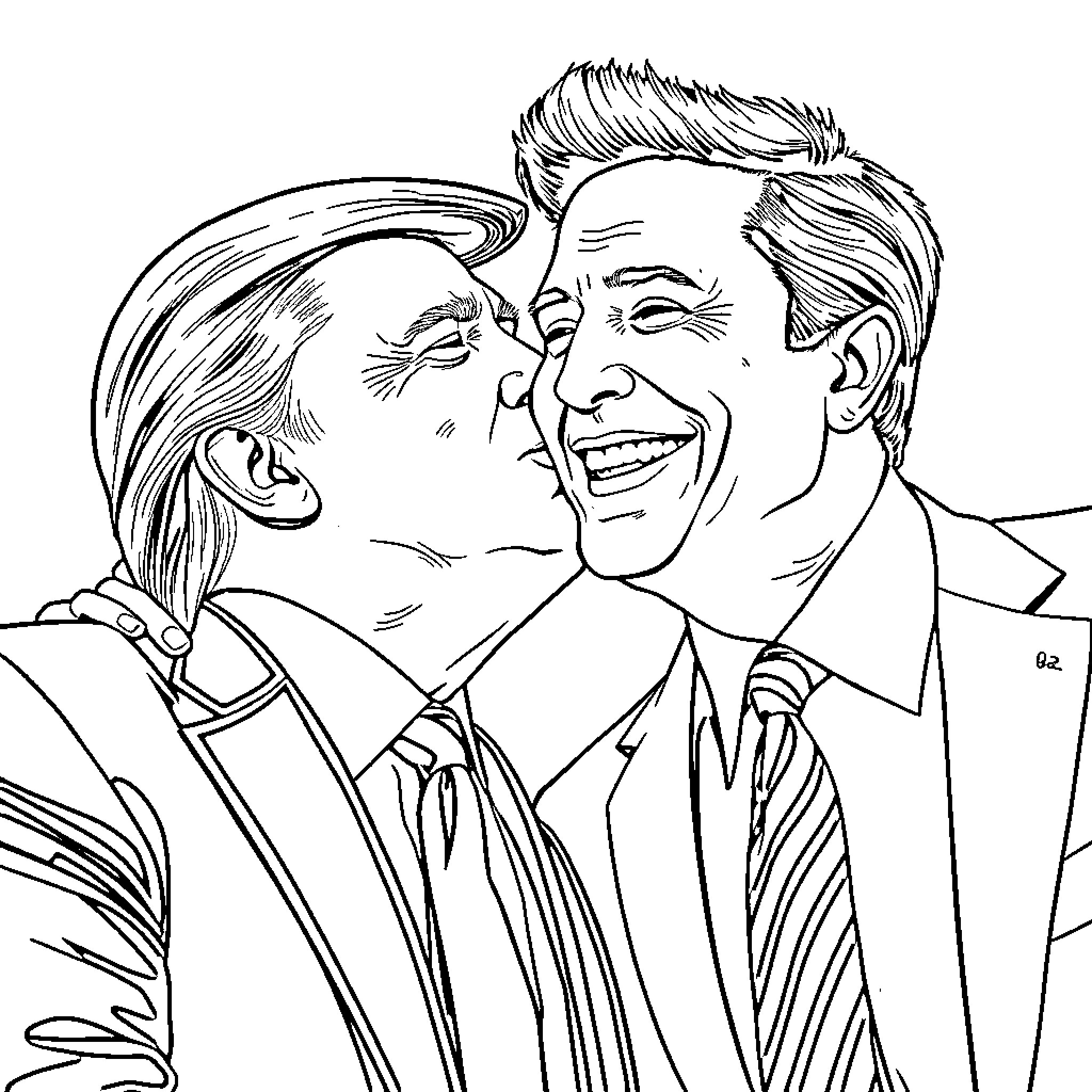 Trump and companion sharing a joyful moment Coloring Page (free black-and-white line drawing printable PDF for all, from beginners to advanced learners, including children, teens, adults, and seniors)