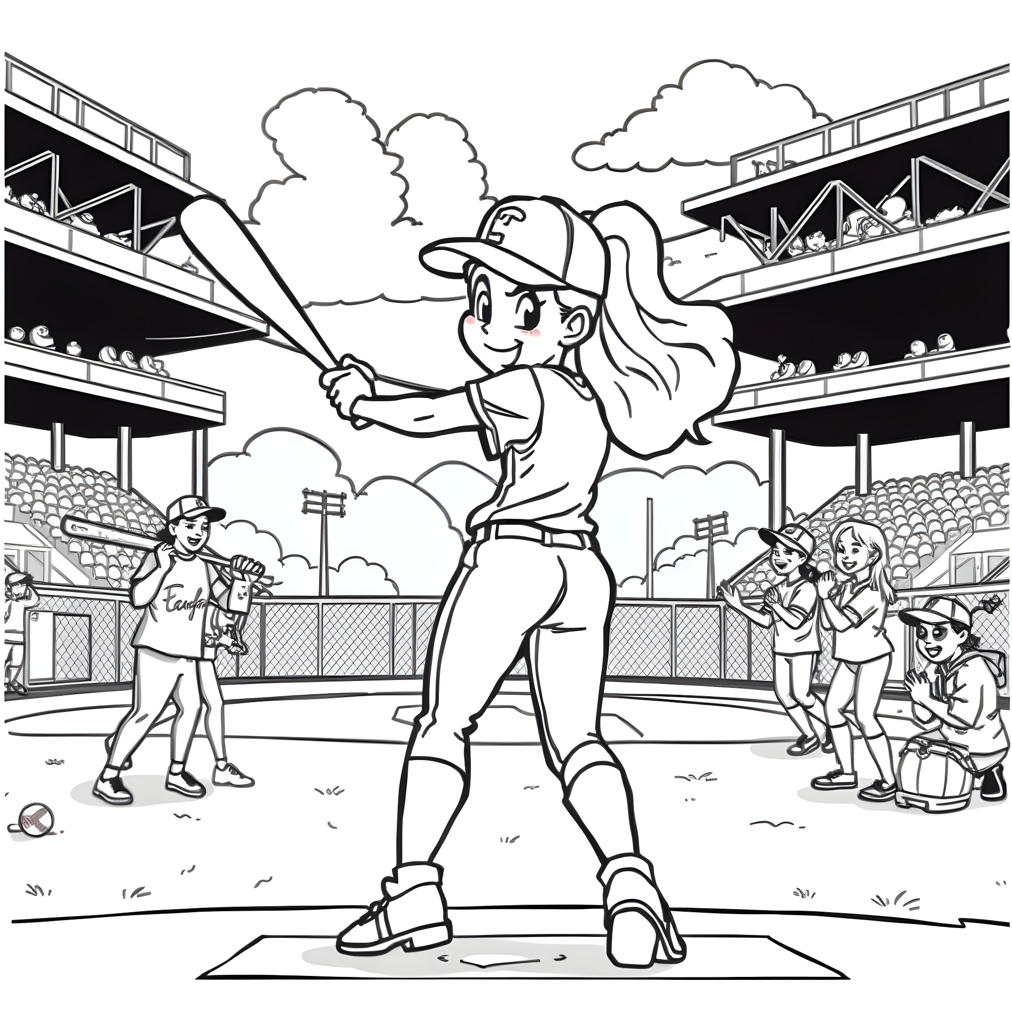 Penny Proud playing baseball at the stadium Coloring Page (free black-and-white line drawing printable PDF for all, from beginners to advanced learners, including children, teens, adults, and seniors)