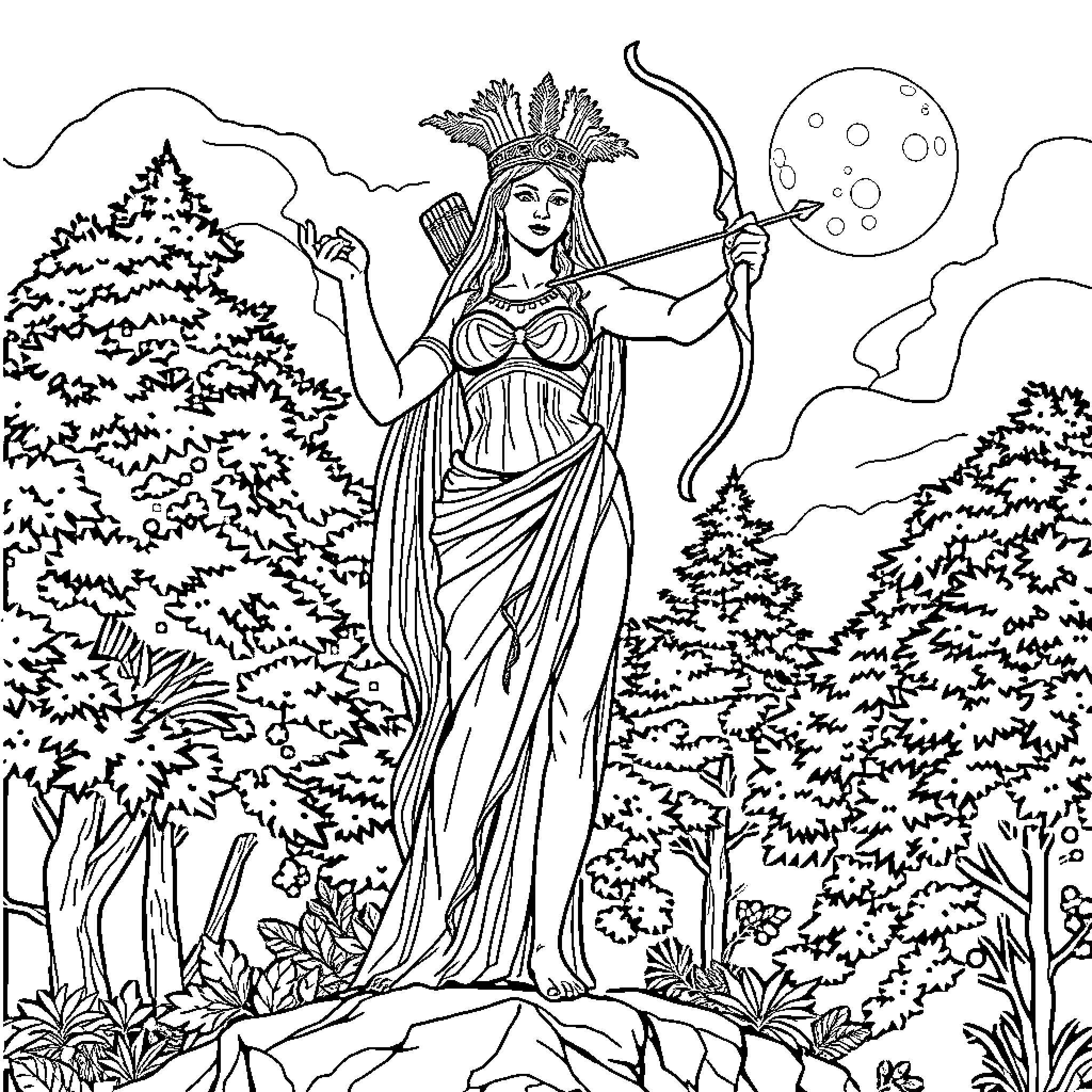 Artemis the Huntress in the Enchanted Forest Coloring Page (free black-and-white line drawing printable PDF for all, from beginners to advanced learners, including children, teens, adults, and seniors)