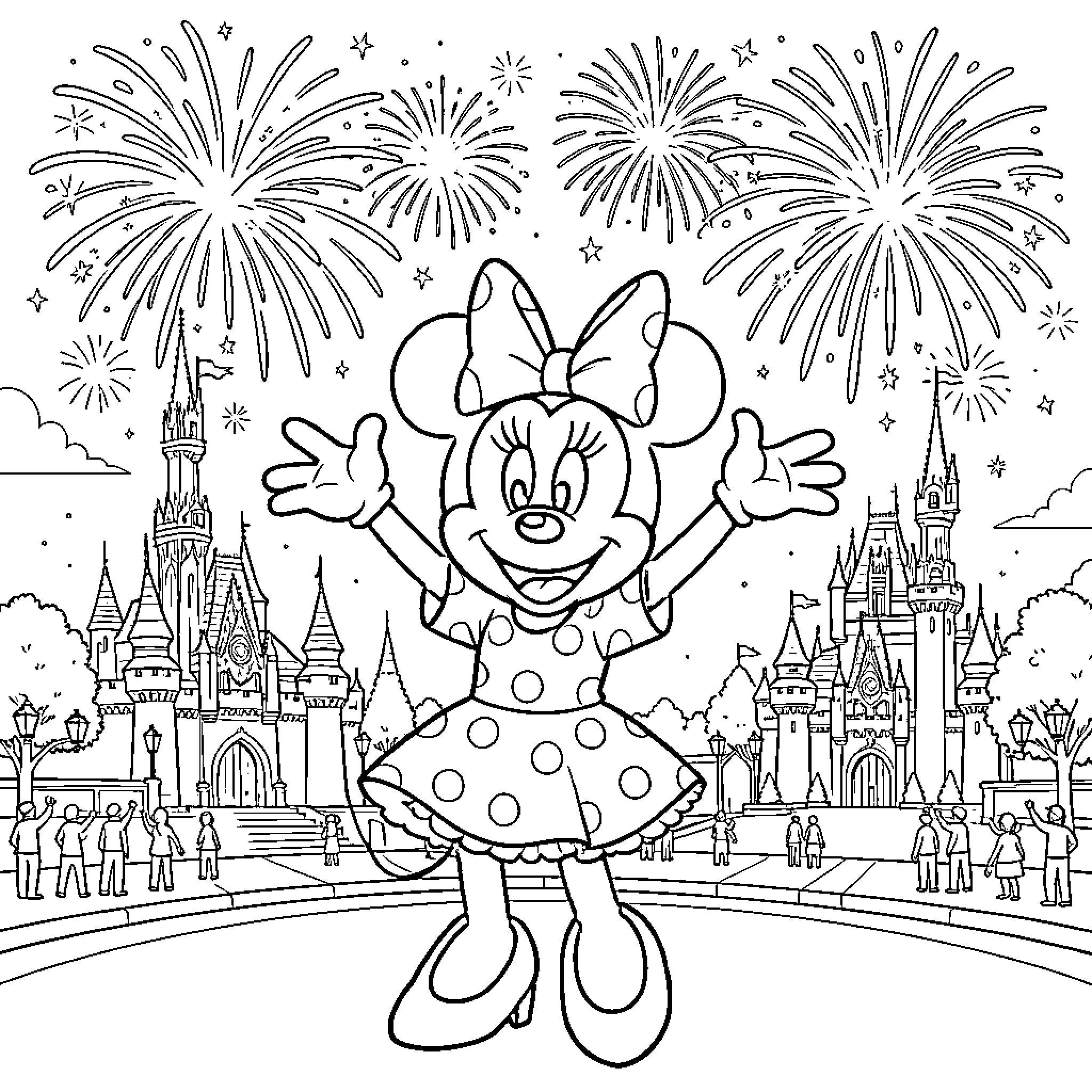 Minnie Mouse celebrating happily with fireworks over a castle Coloring Page (free black-and-white line drawing printable PDF for all, from beginners to advanced learners, including children, teens, adults, and seniors)