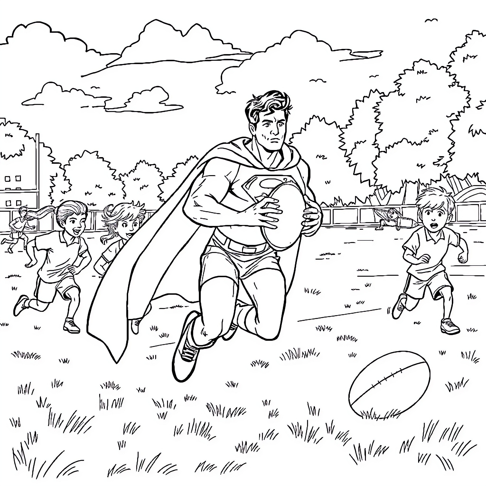 Superman saving children in the park Coloring Page (free black-and-white line drawing printable PDF for all, from beginners to advanced learners, including children, teens, adults, and seniors)