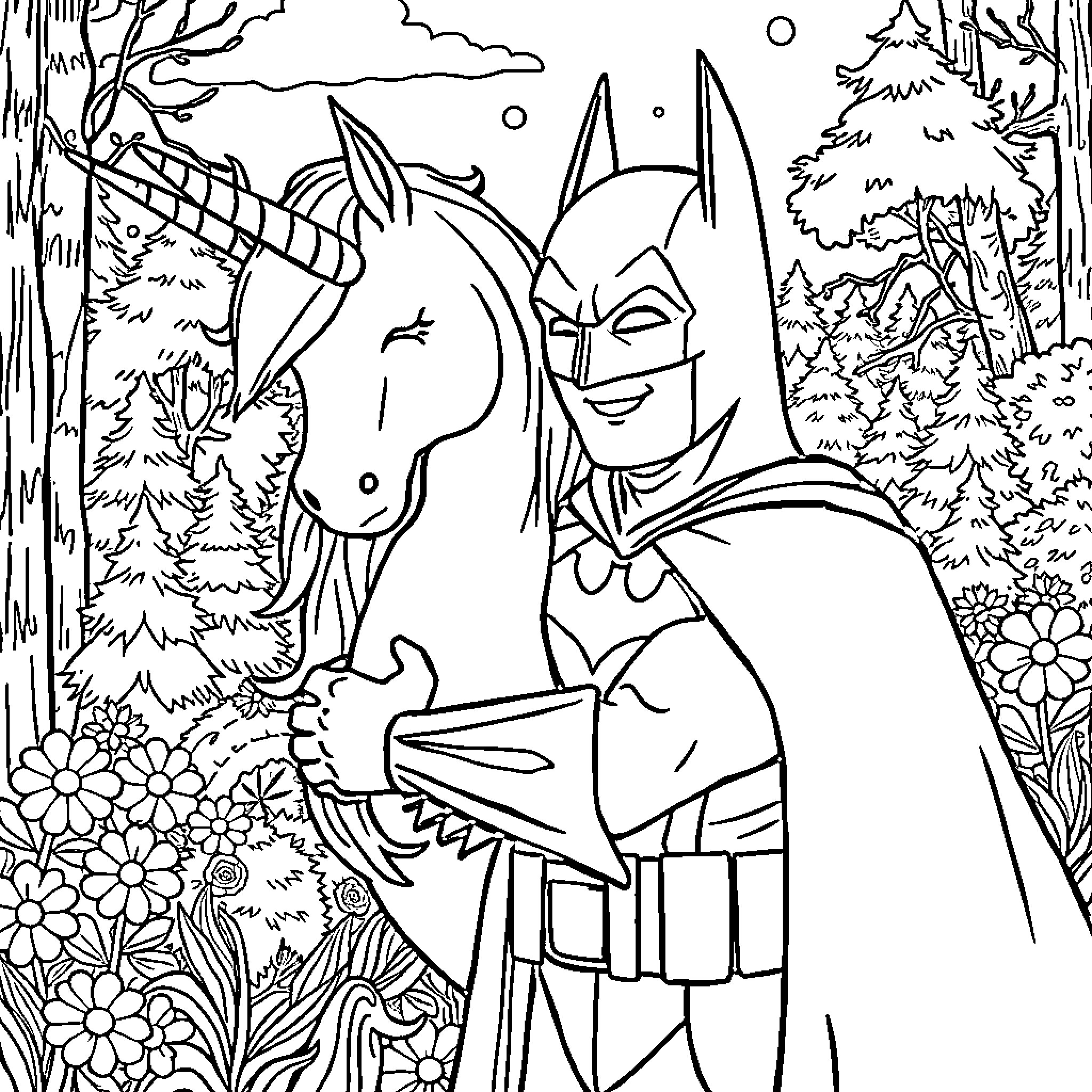 Unicorn and Superhero in Forest Adventure Coloring Page (free black-and-white line drawing printable PDF for all, from beginners to advanced learners, including children, teens, adults, and seniors)
