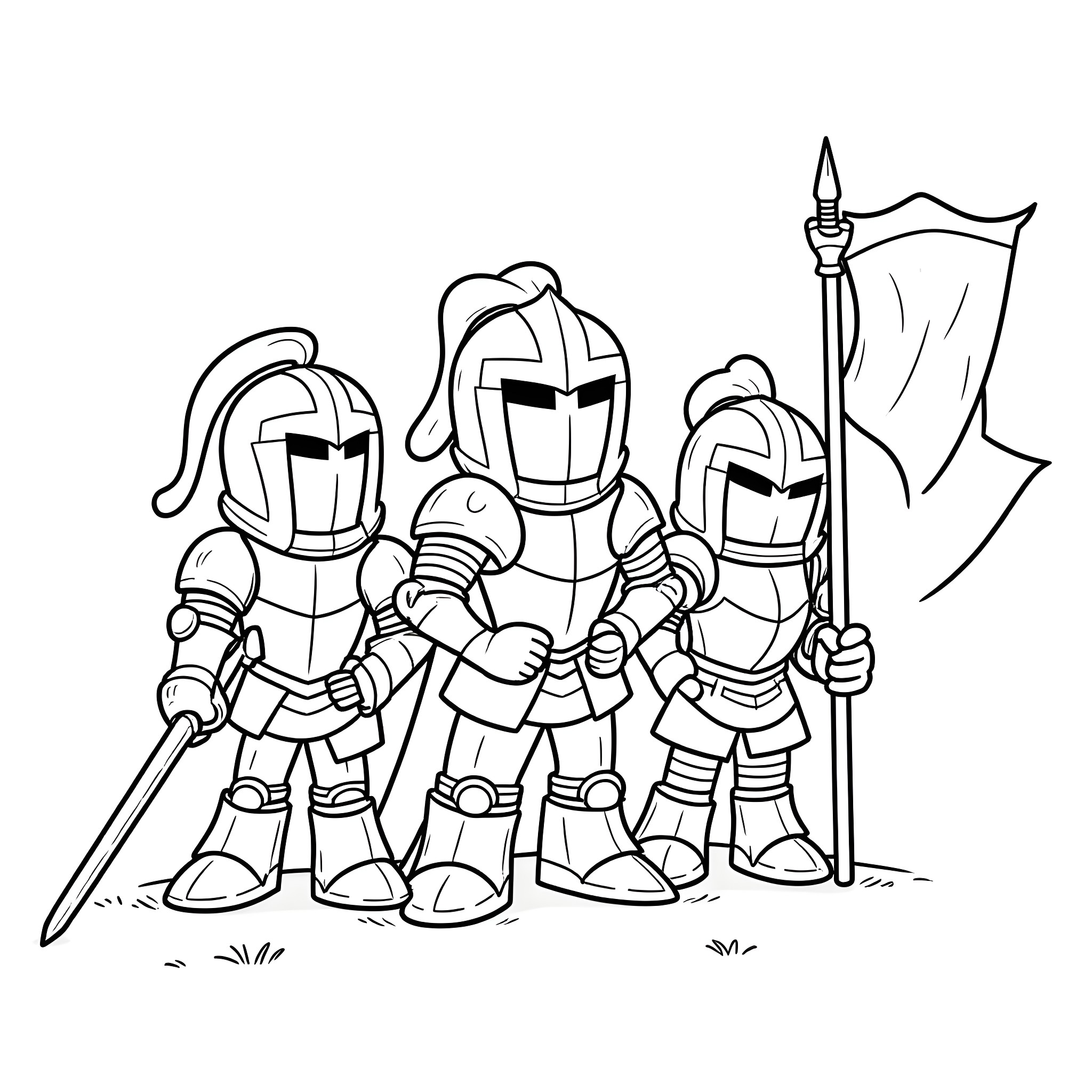 Knight squad with armors and weapons in battle stance Coloring Page (free black-and-white line drawing printable PDF for all, from beginners to advanced learners, including children, teens, adults, and seniors)