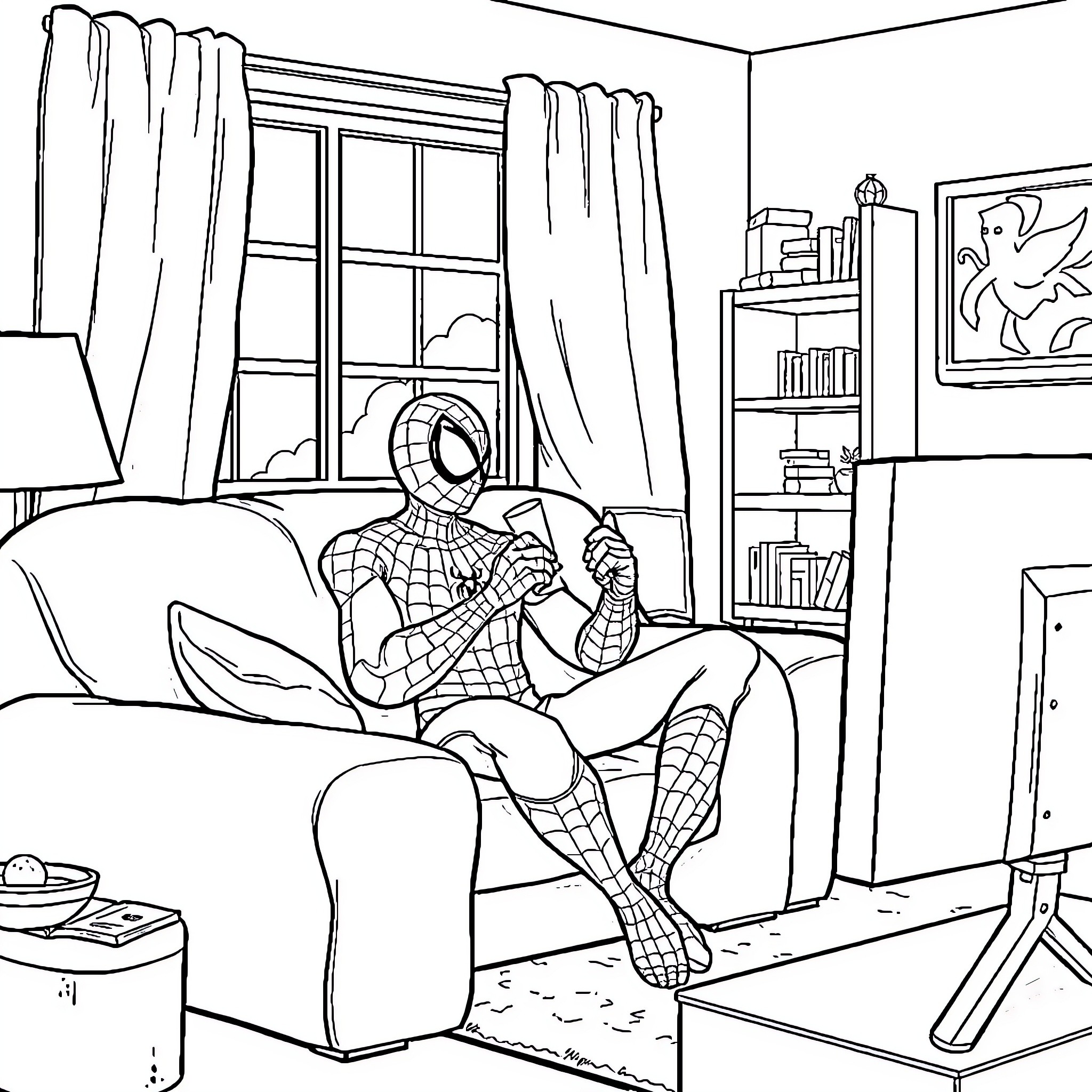 Spiderman relaxing in his cozy apartment Coloring Page (free black-and-white line drawing printable PDF for all, from beginners to advanced learners, including children, teens, adults, and seniors)