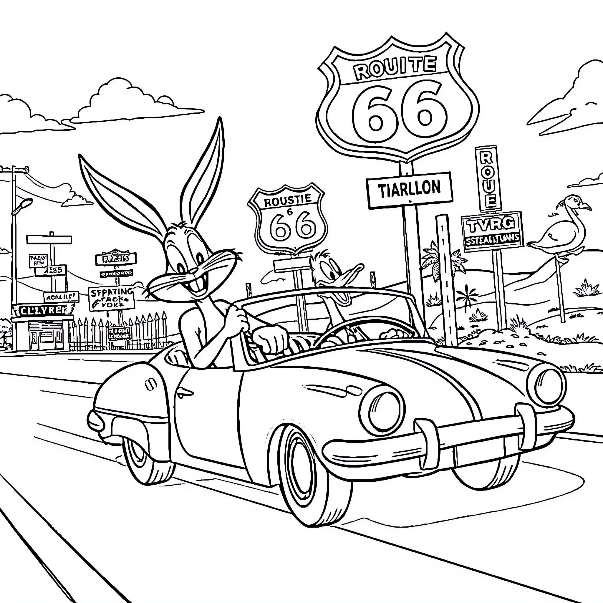 Bugs Bunny driving vintage car on Route 66 Coloring Page (free black-and-white line drawing printable PDF for all, from beginners to advanced learners, including children, teens, adults, and seniors)