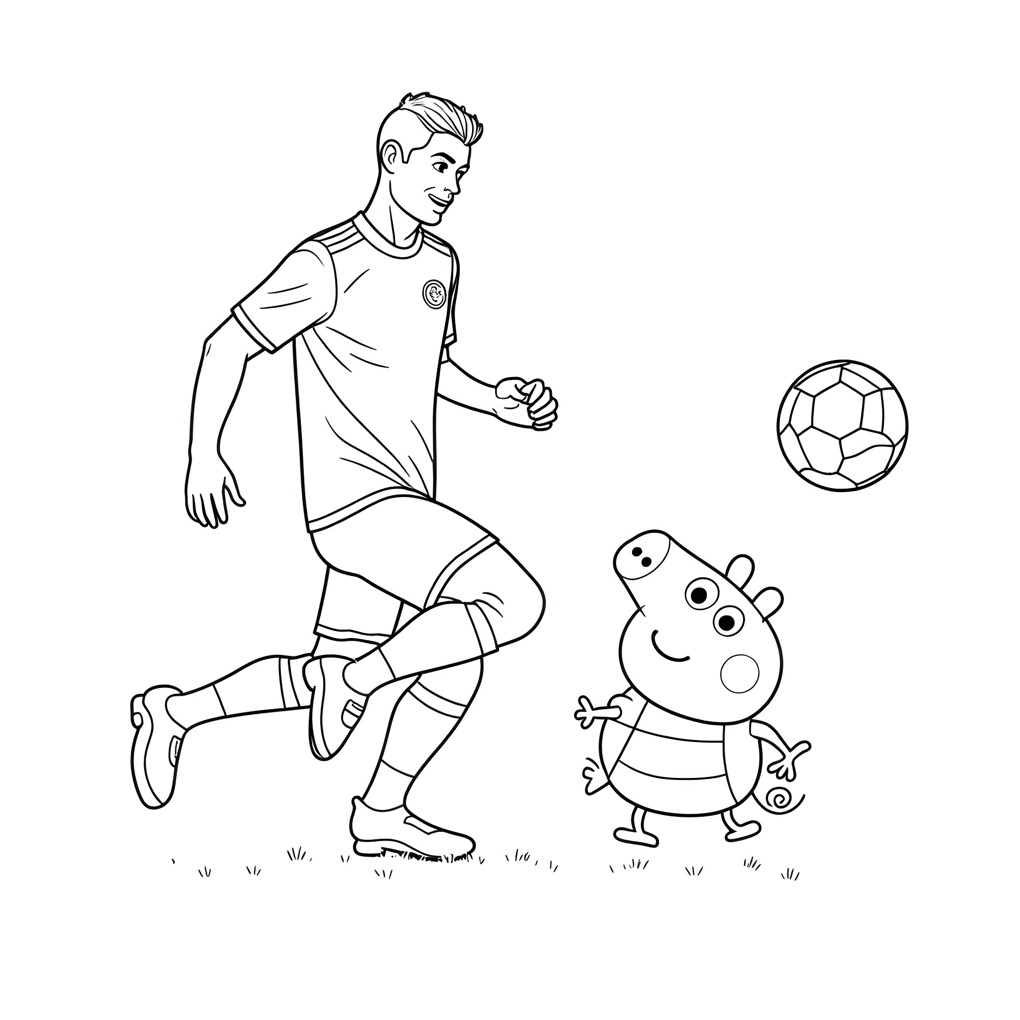 Cristiano Ronaldo playing soccer with Peppa Pig Coloring Page (free black-and-white line drawing printable PDF for all, from beginners to advanced learners, including children, teens, adults, and seniors)