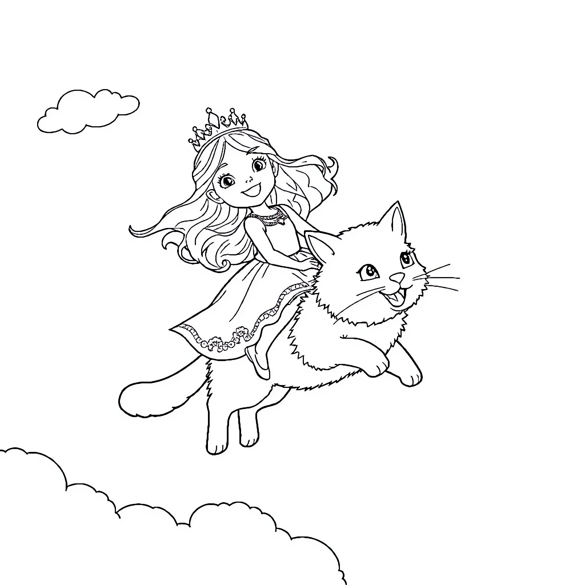 Princess riding a magical cat through the clouds Coloring Page (free black-and-white line drawing printable PDF for all, from beginners to advanced learners, including children, teens, adults, and seniors)