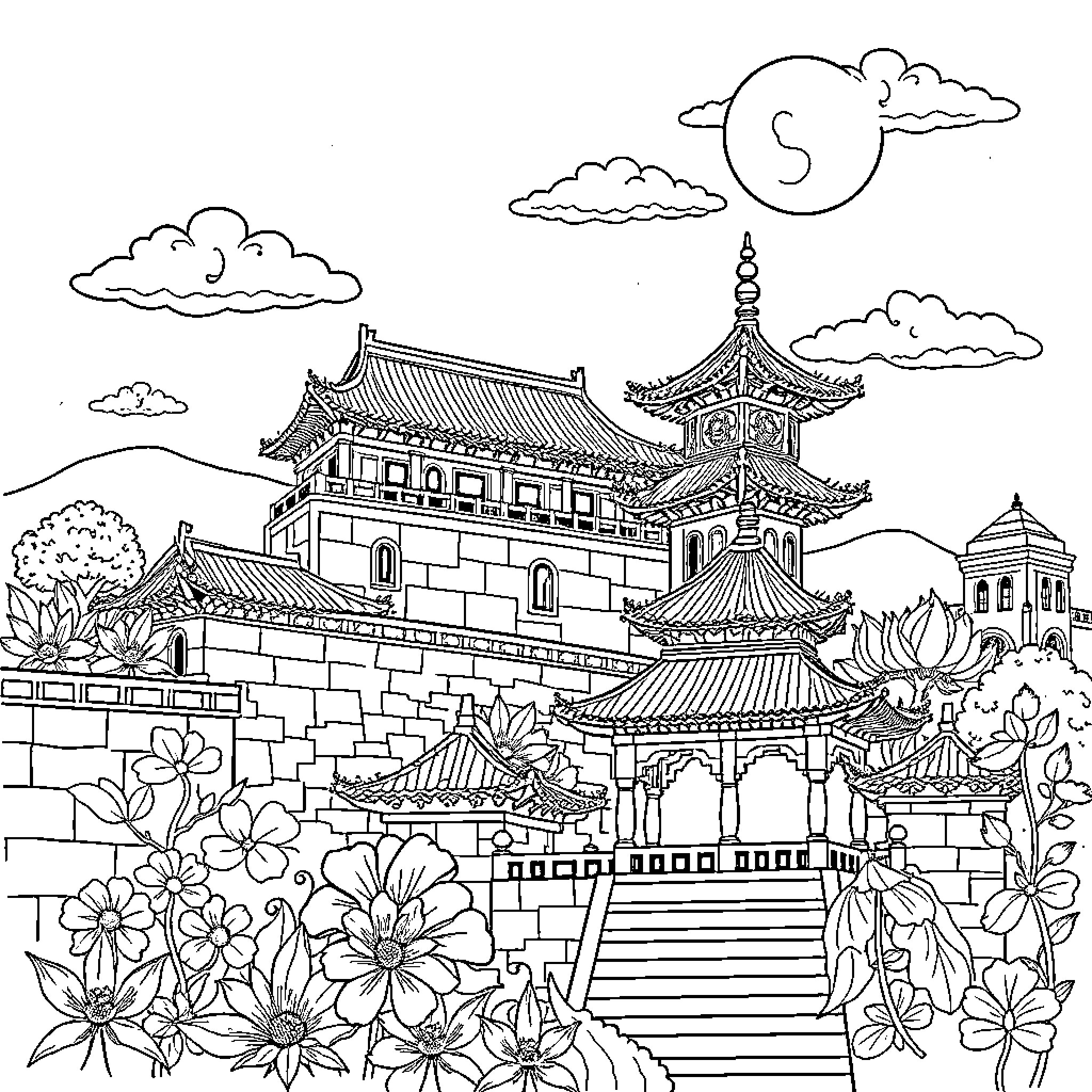 China's Enchanting Architectural Landscape with Flowers Coloring Page (free black-and-white line drawing printable PDF for all, from beginners to advanced learners, including children, teens, adults, and seniors)