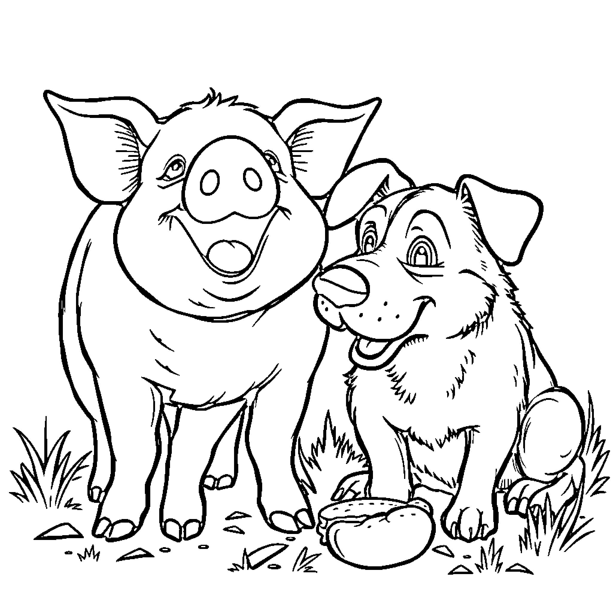 Pig and dog playing together in the field Coloring Page (free black-and-white line drawing printable PDF for all, from beginners to advanced learners, including children, teens, adults, and seniors)
