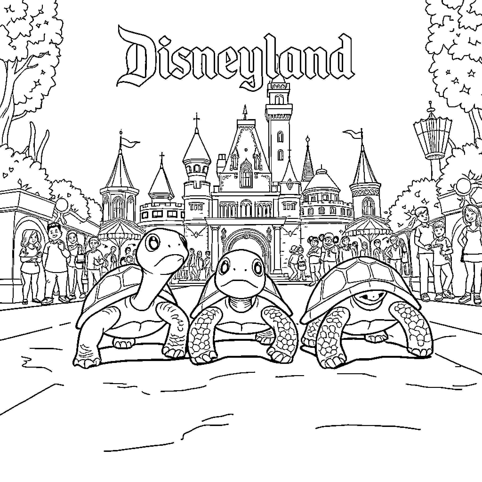 Tortoise trio exploring the fantastical Disneyland Coloring Page (free black-and-white line drawing printable PDF for all, from beginners to advanced learners, including children, teens, adults, and seniors)