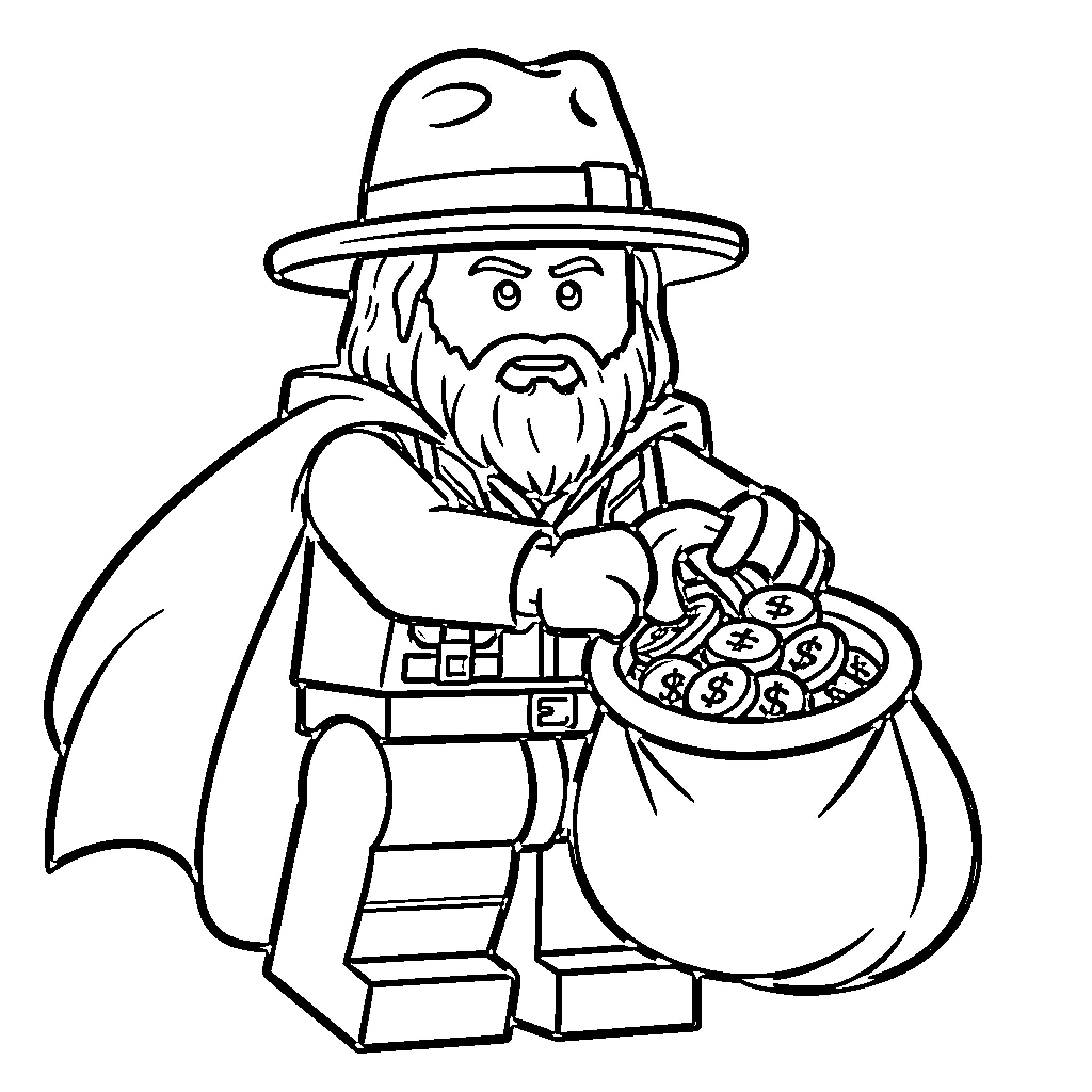 Lego Thief holding a bag of stolen coins Coloring Page (free black-and-white line drawing printable PDF for all, from beginners to advanced learners, including children, teens, adults, and seniors)