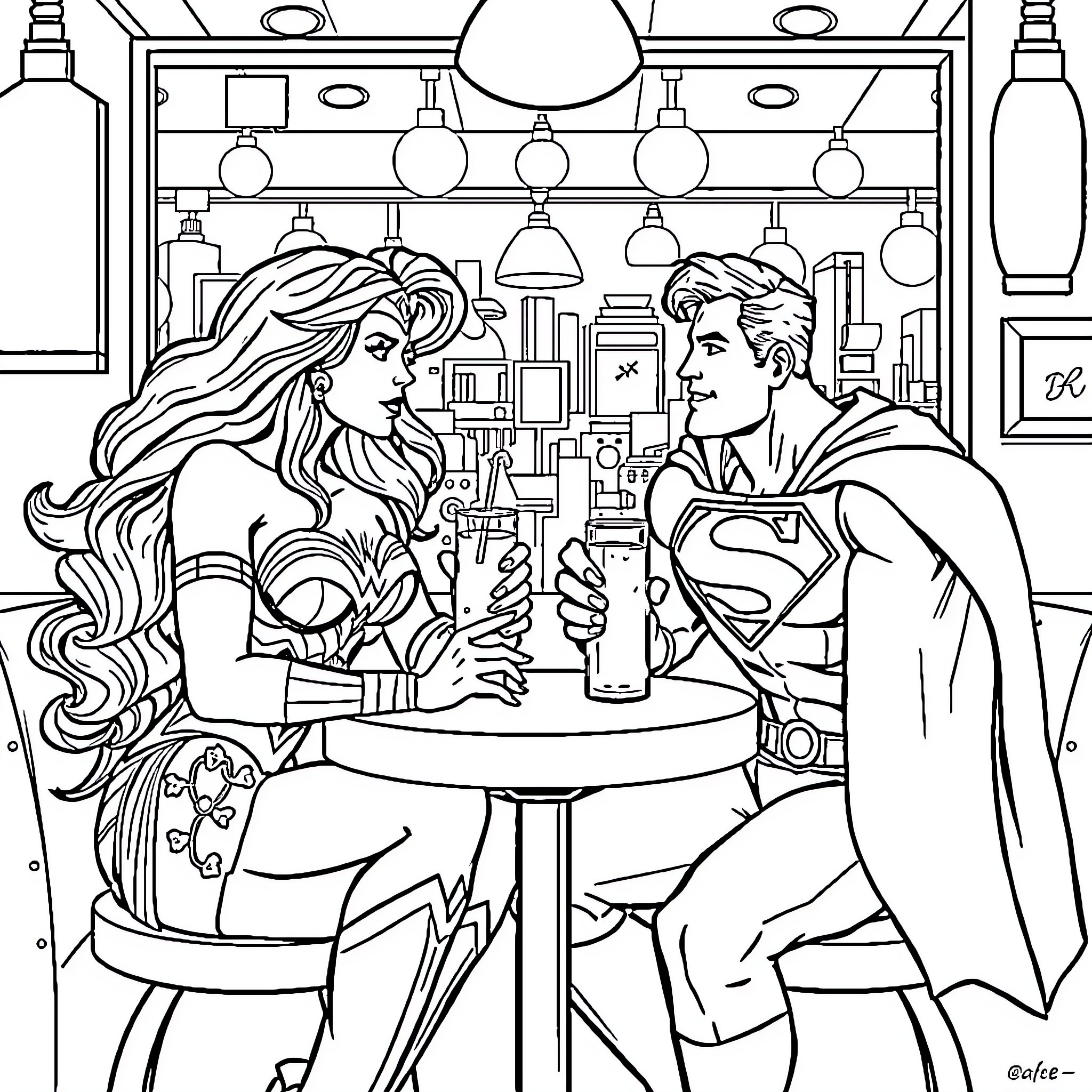 Wonder Woman and Superman Enjoying Drinks at the Bar Coloring Page (free black-and-white line drawing printable PDF for all, from beginners to advanced learners, including children, teens, adults, and seniors)