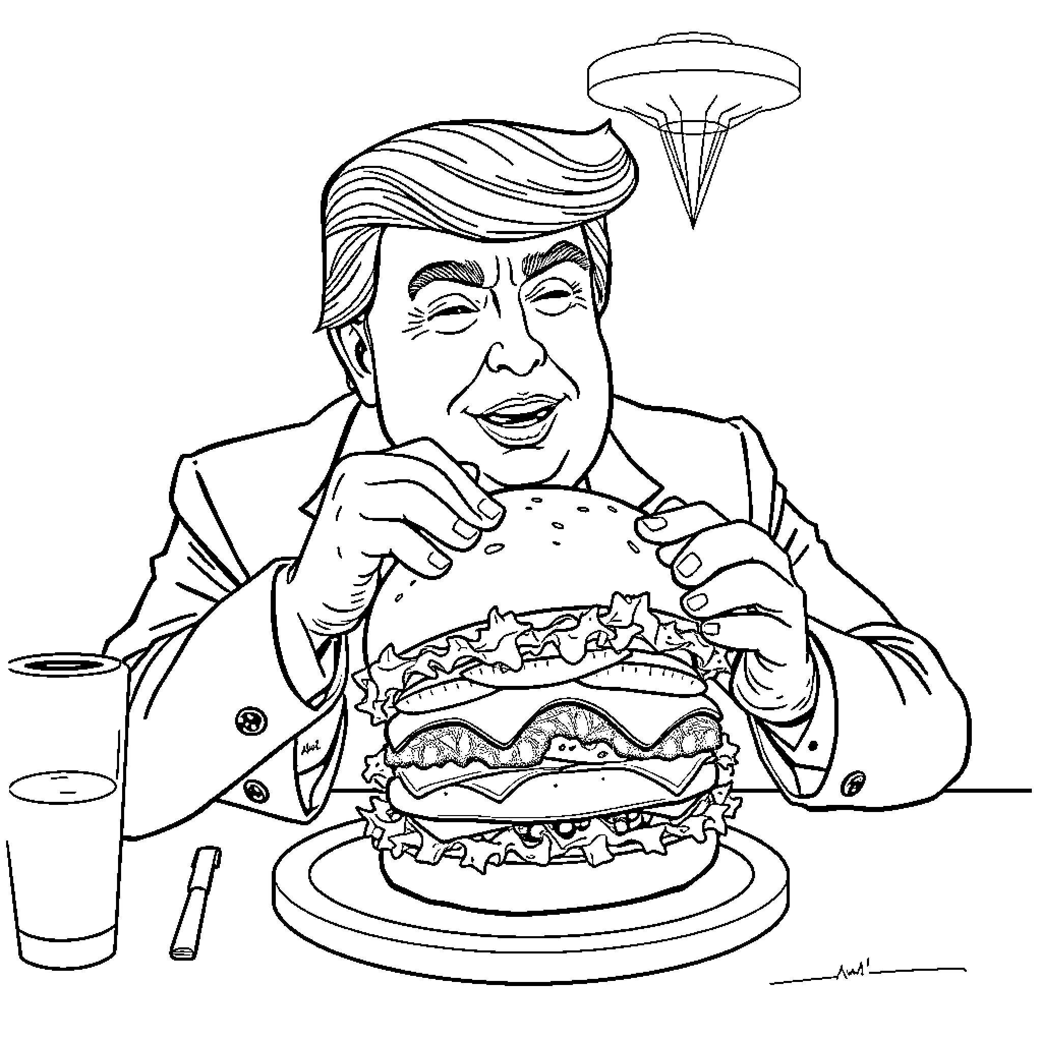 Donald Trump enjoying a giant cheeseburger Coloring Page (free black-and-white line drawing printable PDF for all, from beginners to advanced learners, including children, teens, adults, and seniors)