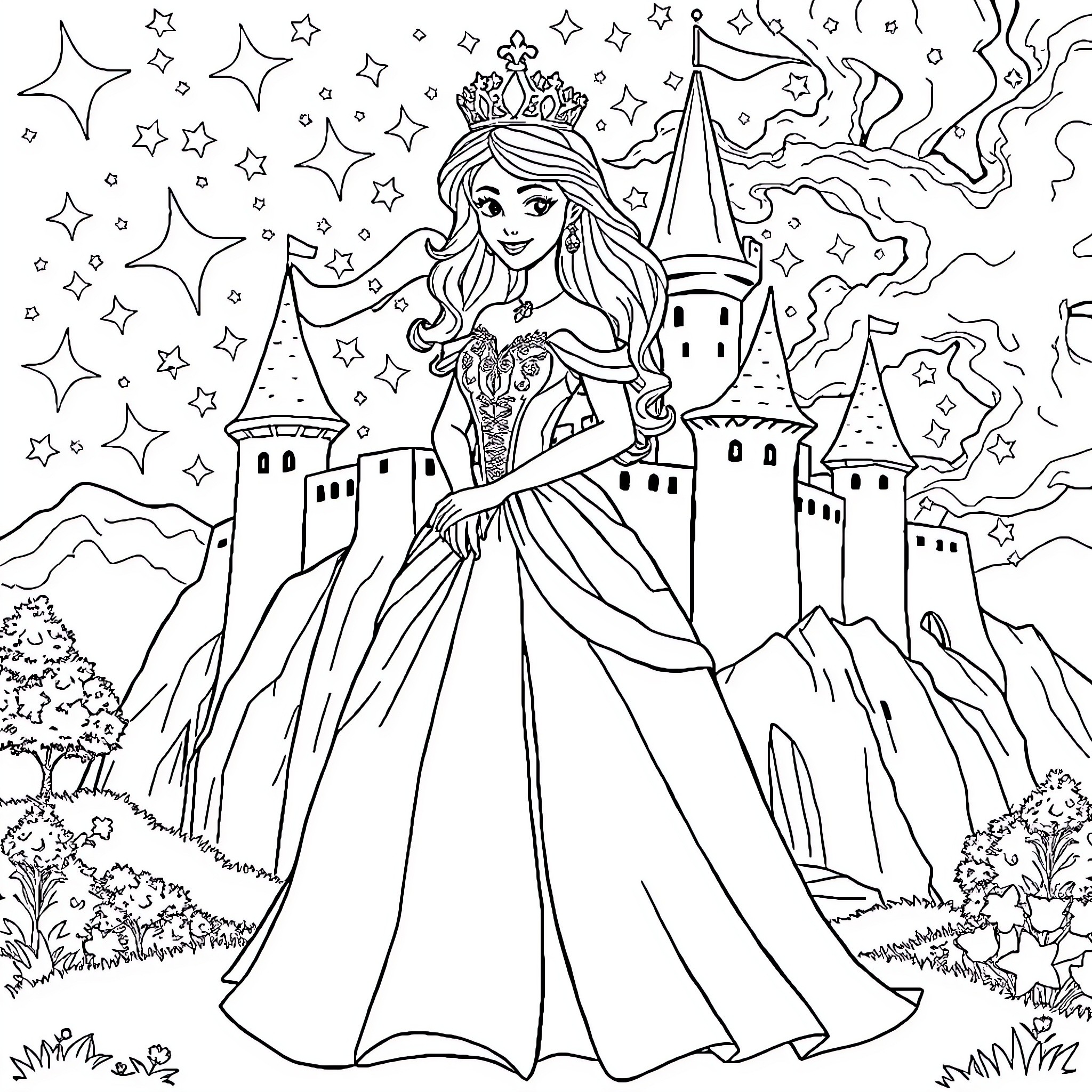 Princesa in a Magical Castle Wonderland Coloring Page (free black-and-white line drawing printable PDF for all, from beginners to advanced learners, including children, teens, adults, and seniors)