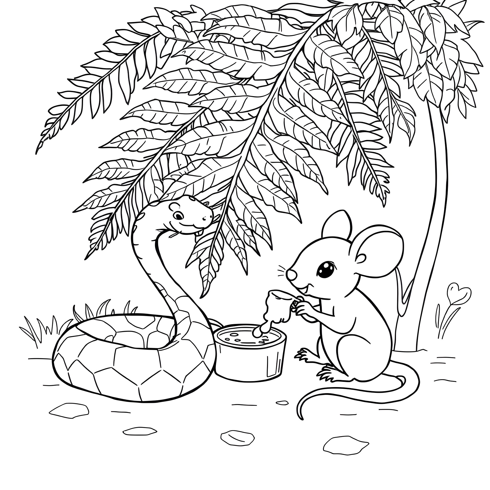 Orm's woodland adventure with a friendly mouse Coloring Page (free black-and-white line drawing printable PDF for all, from beginners to advanced learners, including children, teens, adults, and seniors)