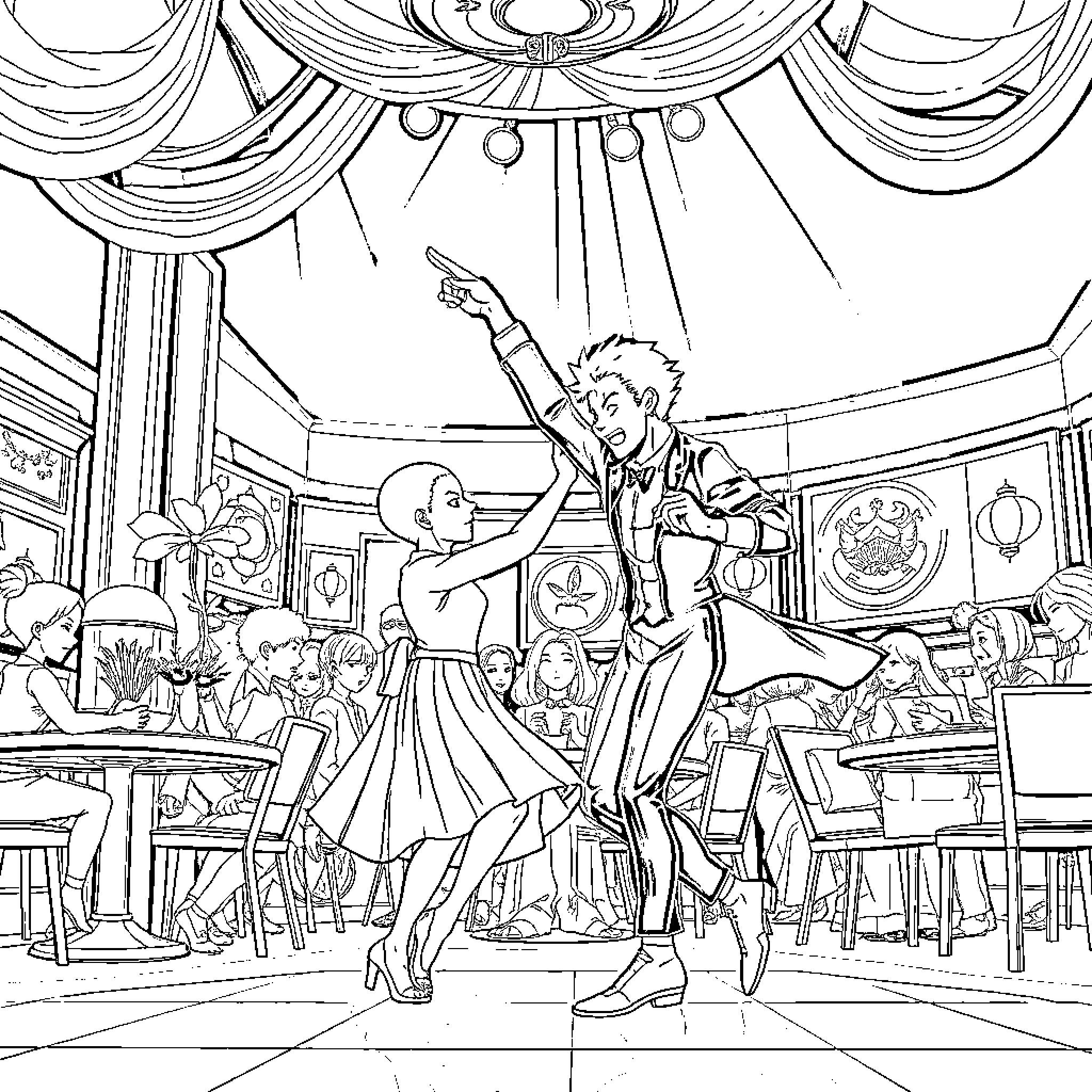 Saitama characters dancing energetically in a performance hall Coloring Page (free black-and-white line drawing printable PDF for all, from beginners to advanced learners, including children, teens, adults, and seniors)