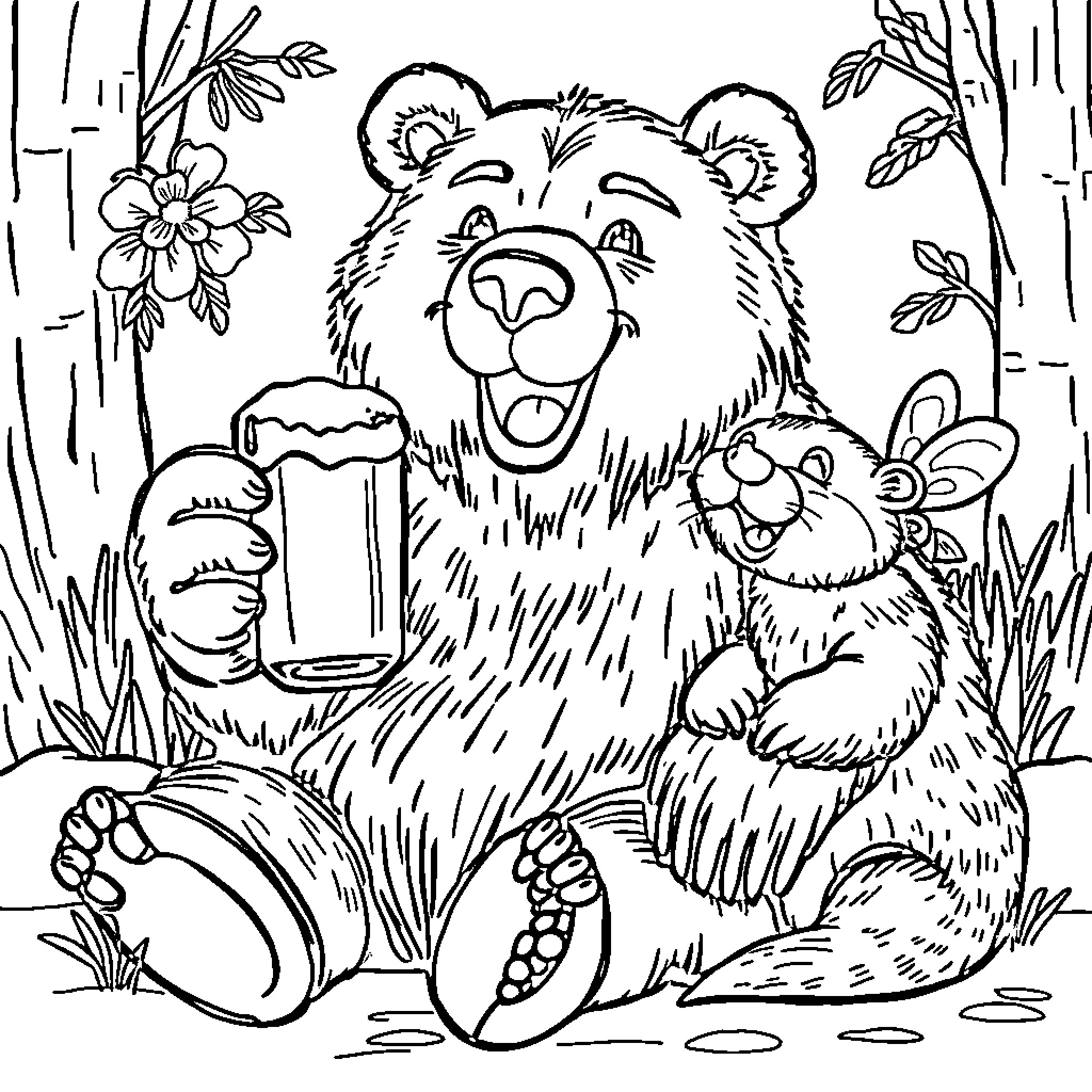 Bear drinking from mug with friendly mouse companion Coloring Page (free black-and-white line drawing printable PDF for all, from beginners to advanced learners, including children, teens, adults, and seniors)