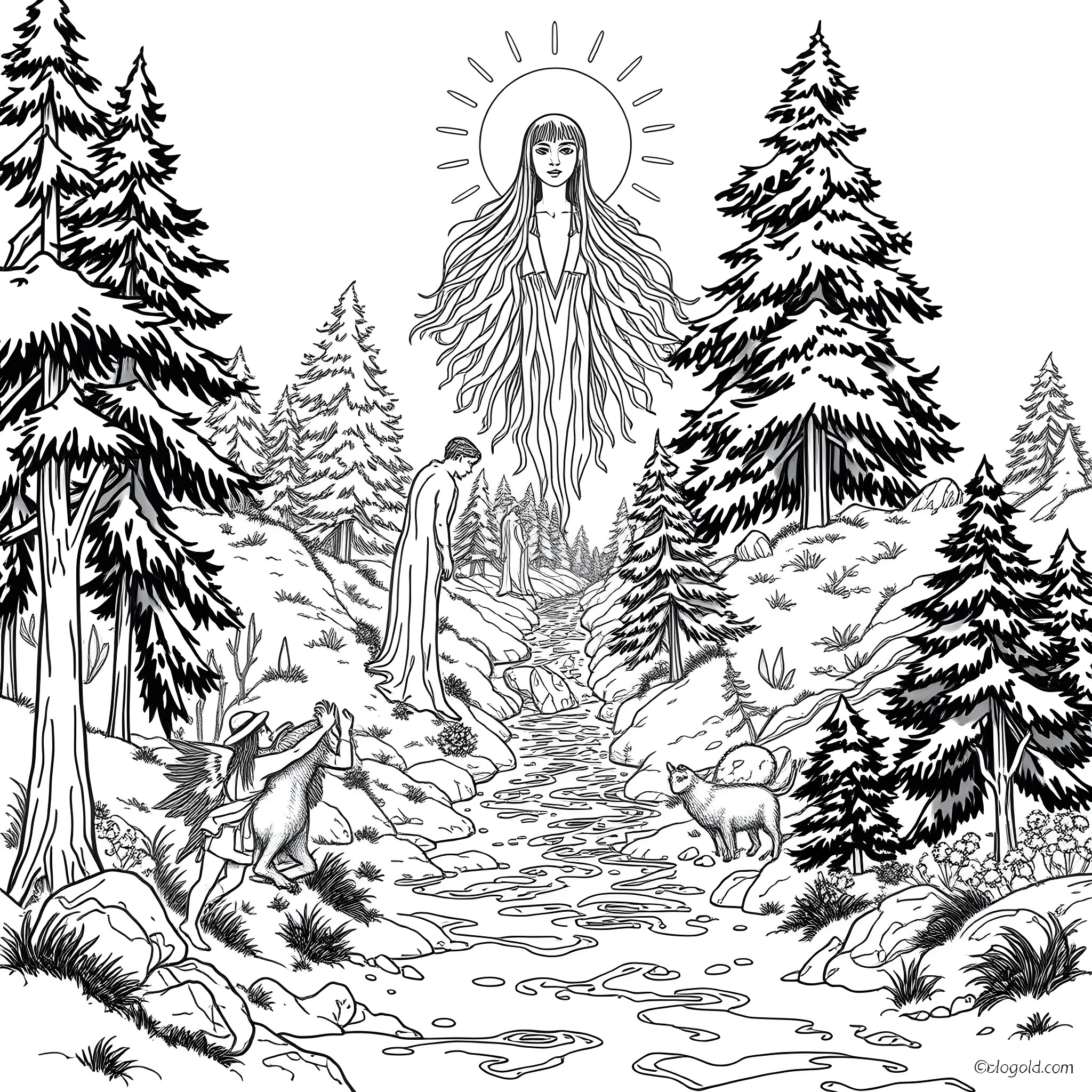 Human figure in nature with forest, trees, and animals Coloring Page (free black-and-white line drawing printable PDF for all, from beginners to advanced learners, including children, teens, adults, and seniors)