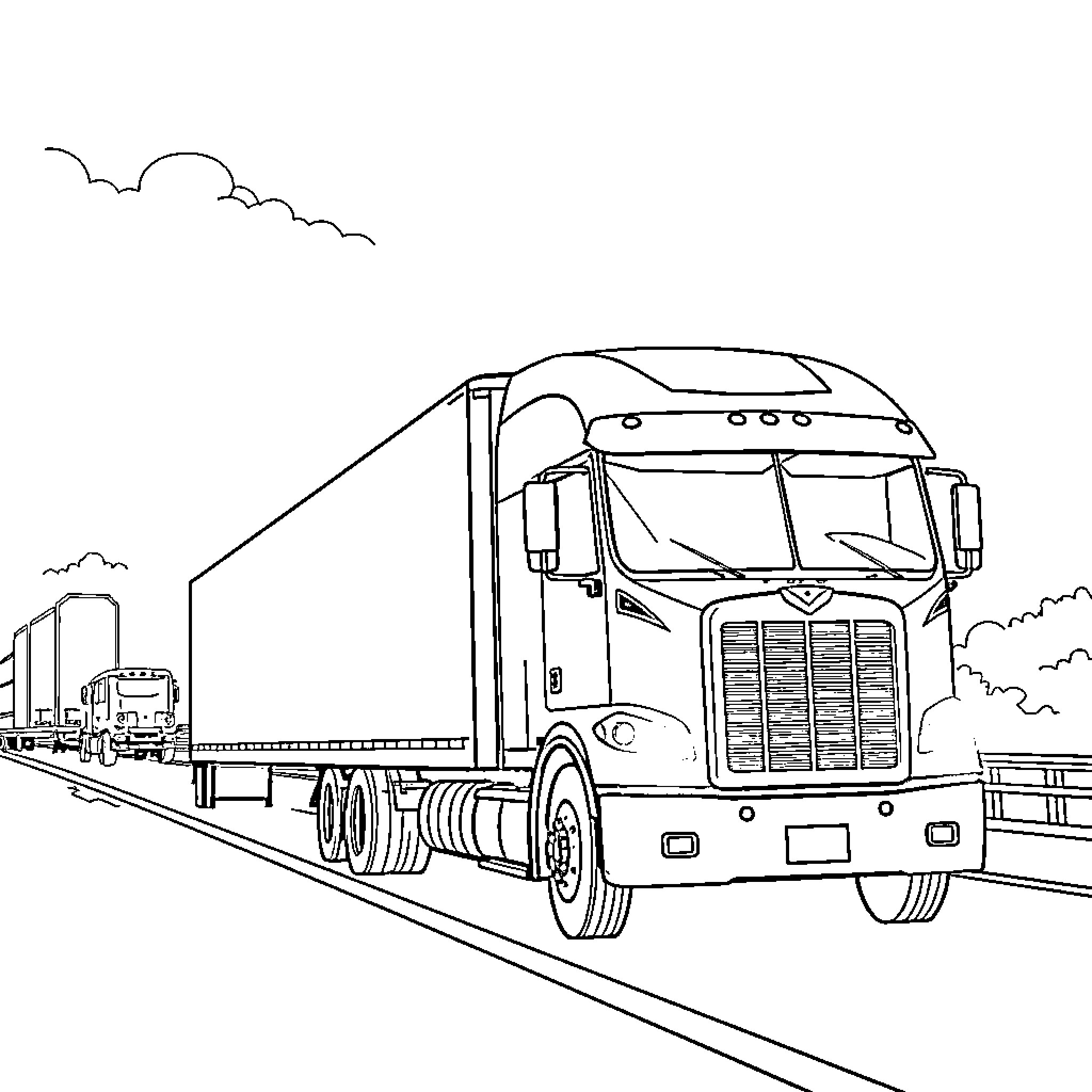 Truck on the highway with other vehicles Coloring Page (free black-and-white line drawing printable PDF for all, from beginners to advanced learners, including children, teens, adults, and seniors)