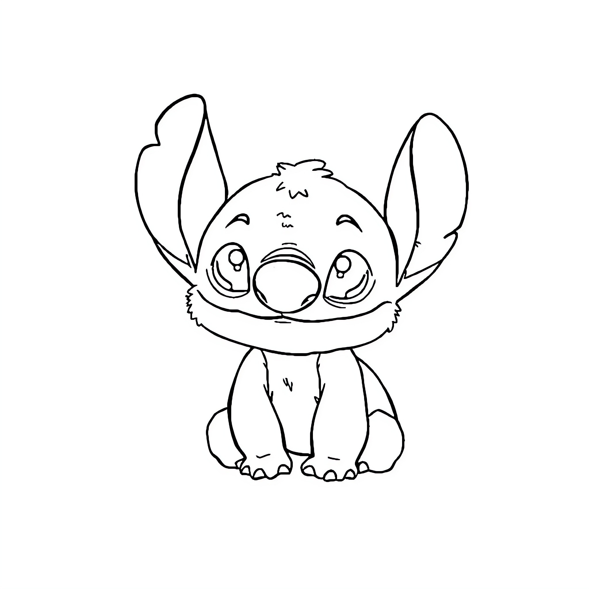 Stitch sitting with a cheerful expression Coloring Page (free black-and-white line drawing printable PDF for all, from beginners to advanced learners, including children, teens, adults, and seniors)