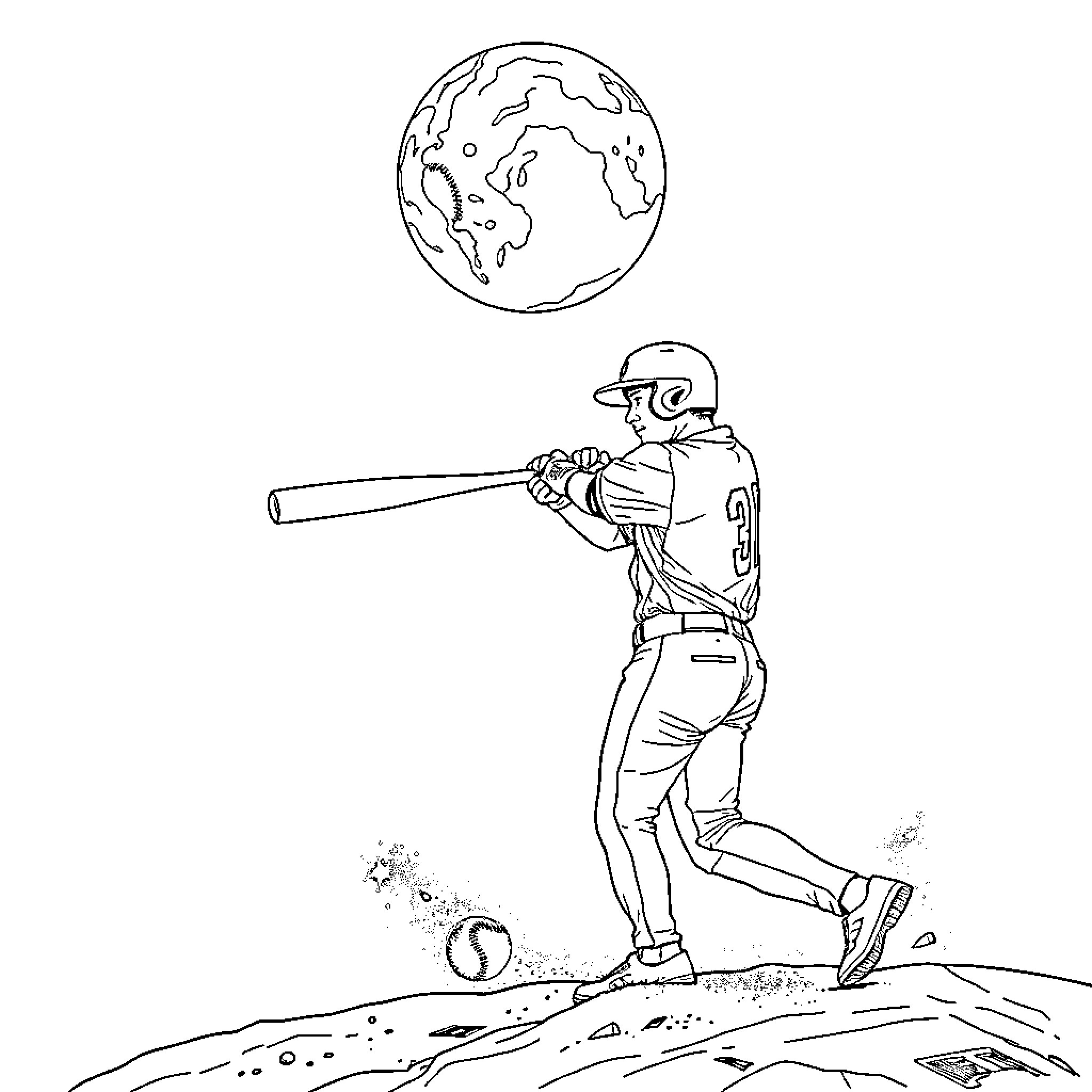 Shohei Ohtani hitting baseball on field with Earth backdrop Coloring Page (free black-and-white line drawing printable PDF for all, from beginners to advanced learners, including children, teens, adults, and seniors)