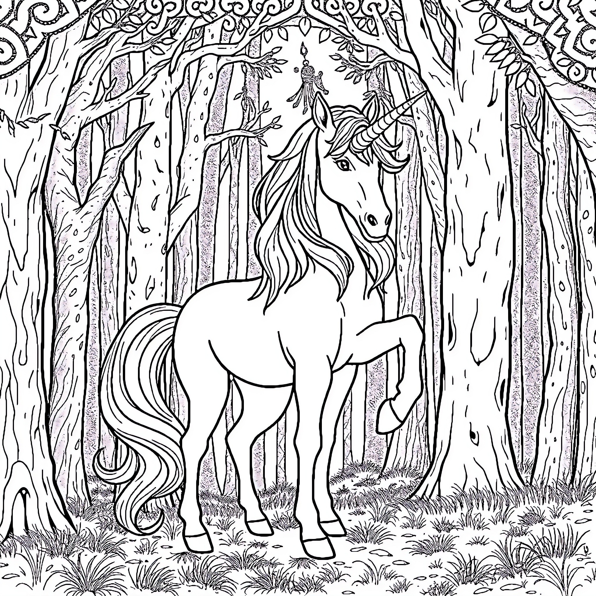 Unicorn in Enchanted Forest Coloring Page (free black-and-white line drawing printable PDF for all, from beginners to advanced learners, including children, teens, adults, and seniors)