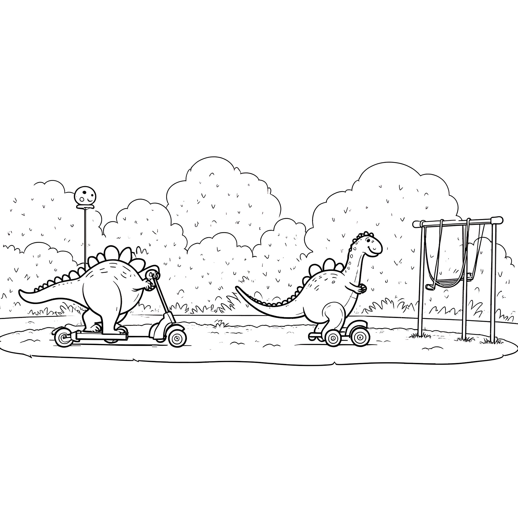 Dinosaurs playing on the playground Coloring Page (free black-and-white line drawing printable PDF for all, from beginners to advanced learners, including children, teens, adults, and seniors)