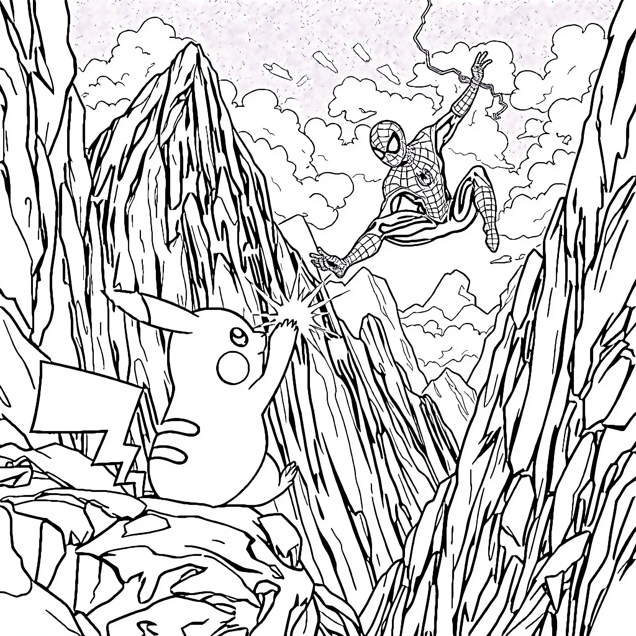 Pikachu surprises Spiderman in a fantastic forest scene Coloring Page (free black-and-white line drawing printable PDF for all, from beginners to advanced learners, including children, teens, adults, and seniors)