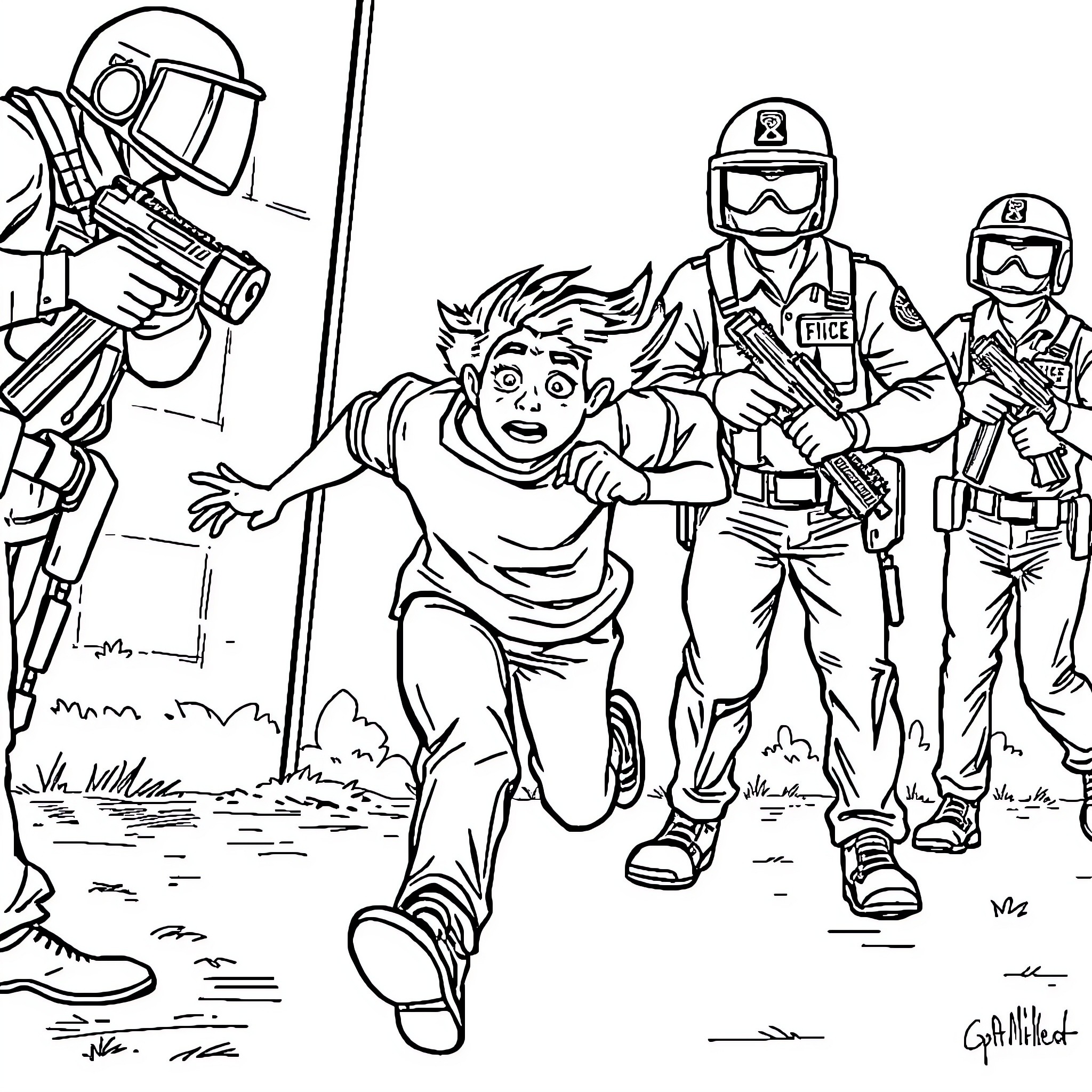 Person fleeing from armed law enforcement officers Coloring Page (free black-and-white line drawing printable PDF for all, from beginners to advanced learners, including children, teens, adults, and seniors)