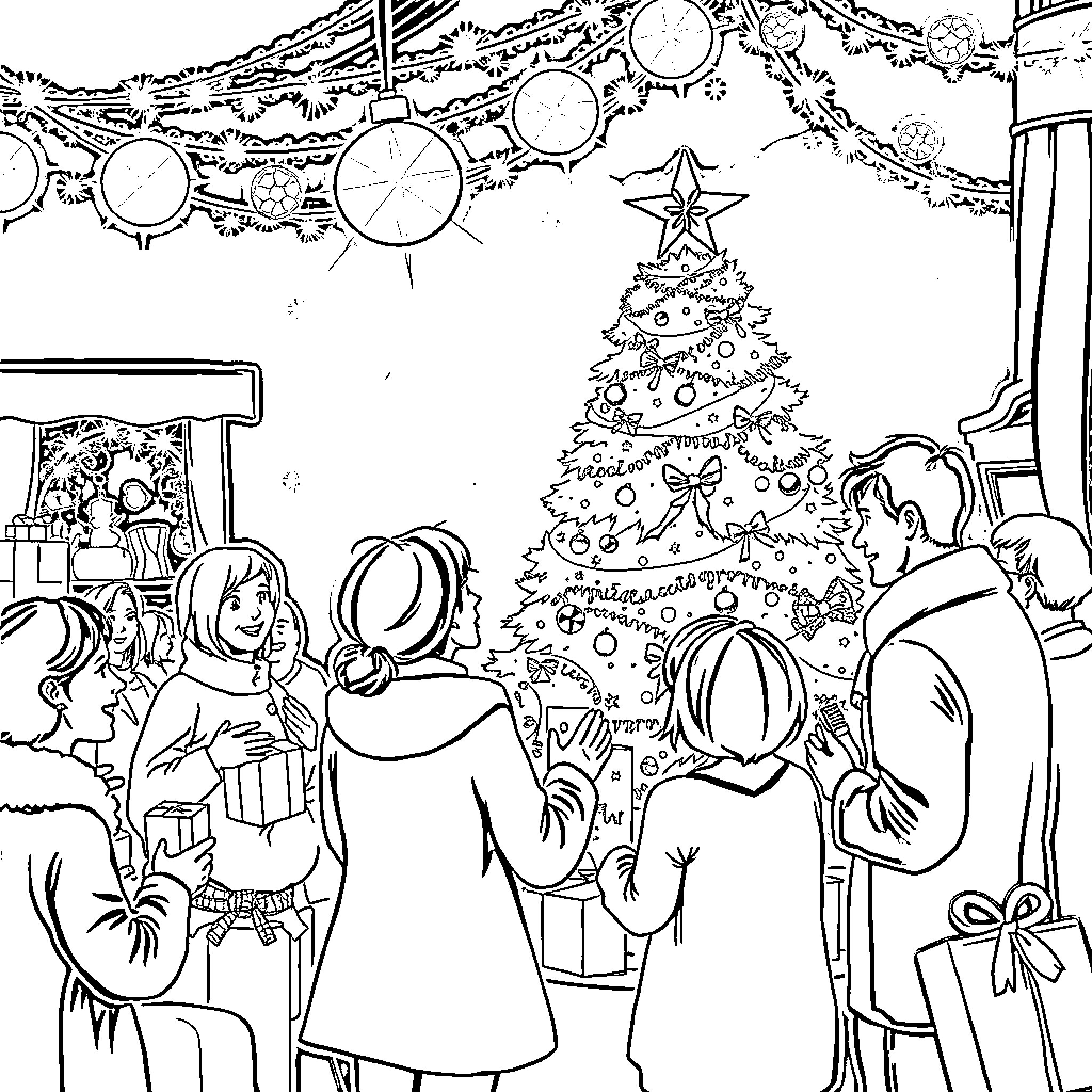 Christmas family gathering around decorated tree Coloring Page (free black-and-white line drawing printable PDF for all, from beginners to advanced learners, including children, teens, adults, and seniors)