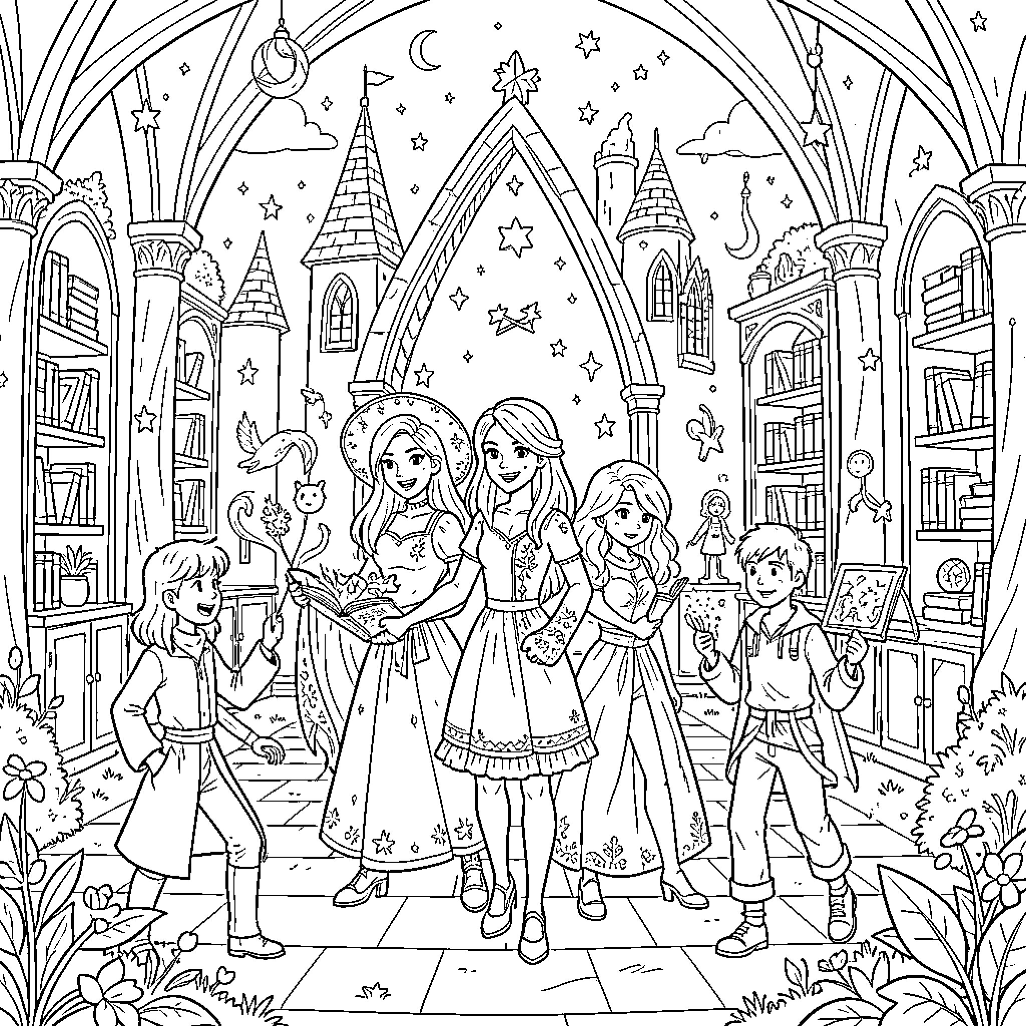 Halliwell characters exploring a magical castle library Coloring Page (free black-and-white line drawing printable PDF for all, from beginners to advanced learners, including children, teens, adults, and seniors)