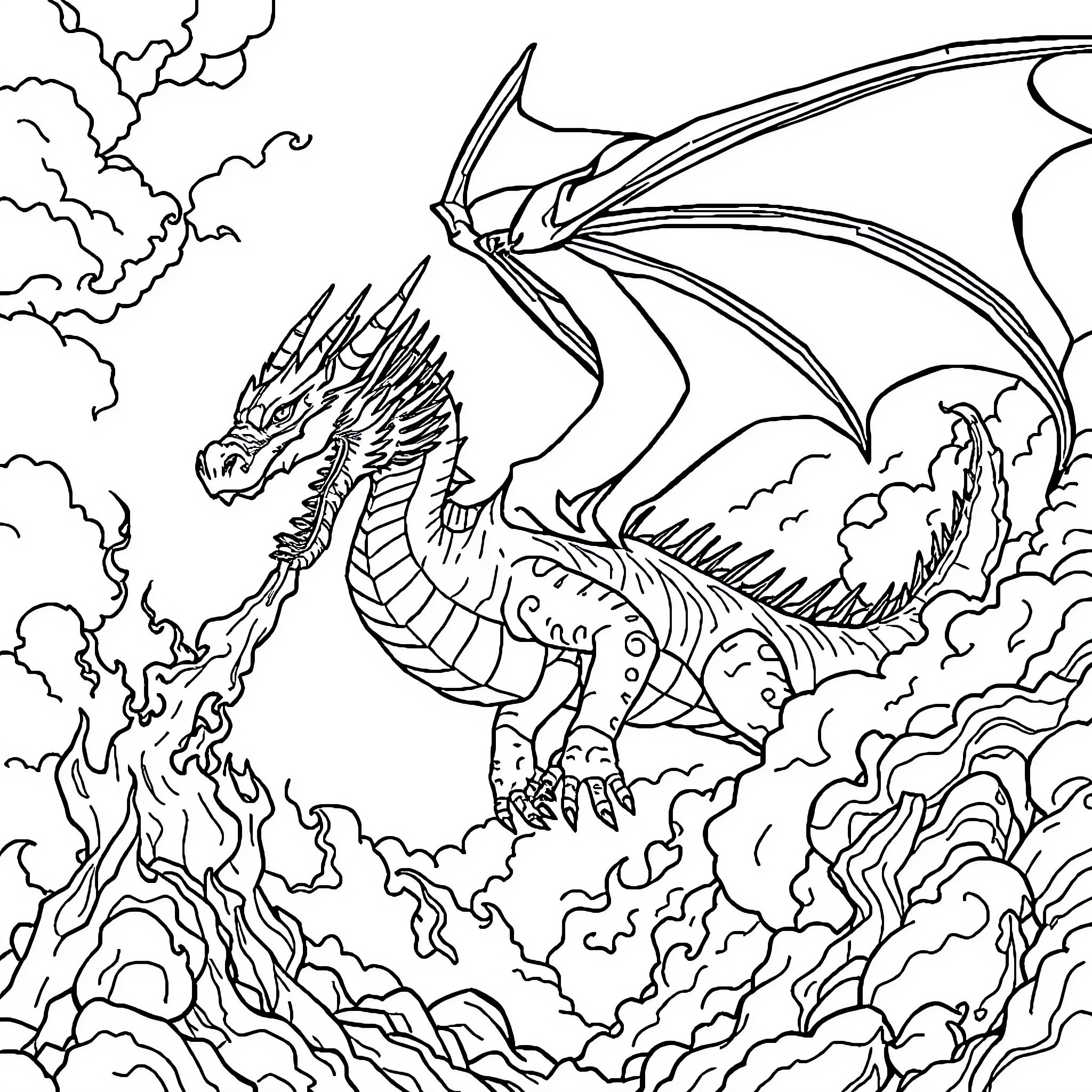 Dragon soaring through fiery clouds and smoke Coloring Page (free black-and-white line drawing printable PDF for all, from beginners to advanced learners, including children, teens, adults, and seniors)