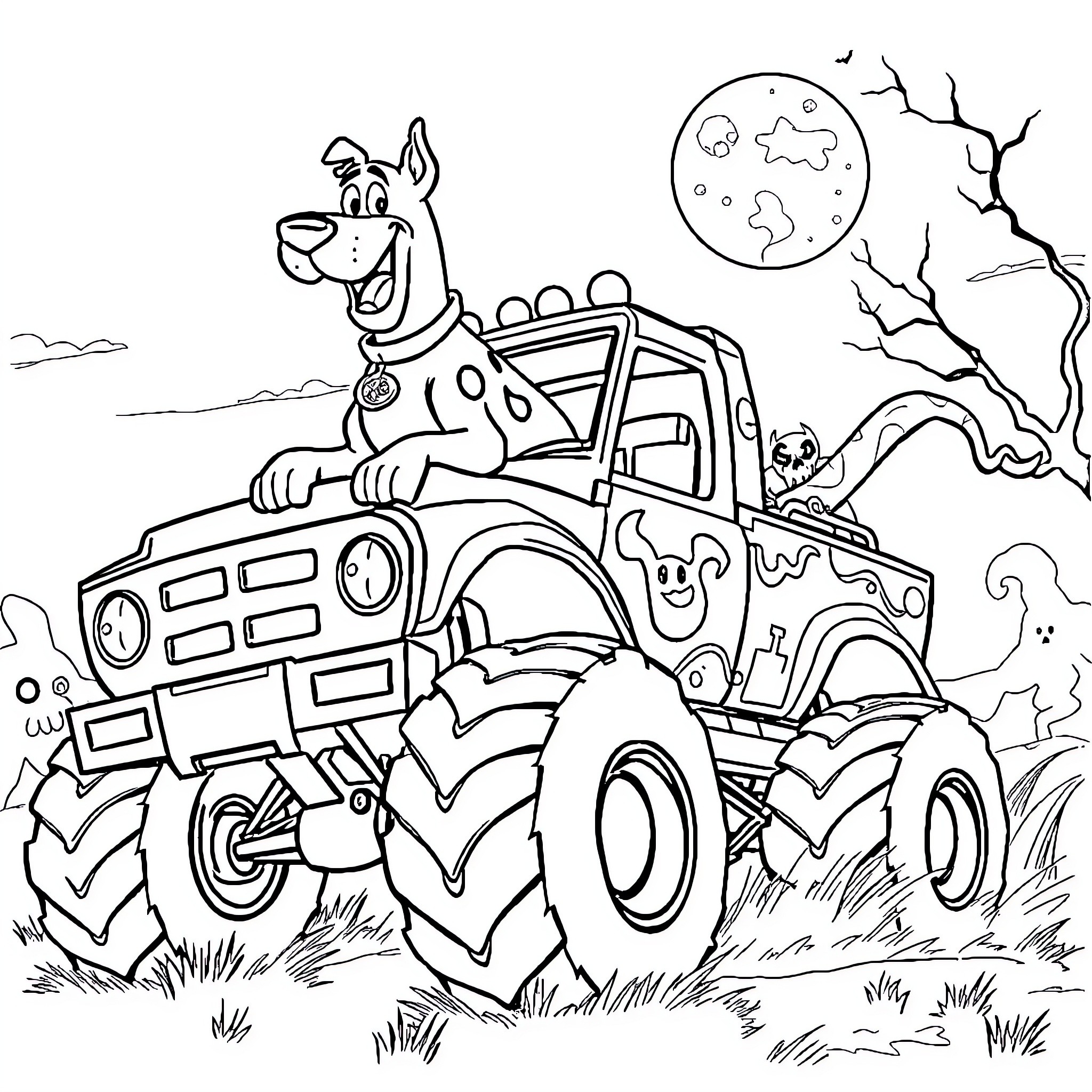 Scooby Doo's Monster Truck Adventure Coloring Page (free black-and-white line drawing printable PDF for all, from beginners to advanced learners, including children, teens, adults, and seniors)