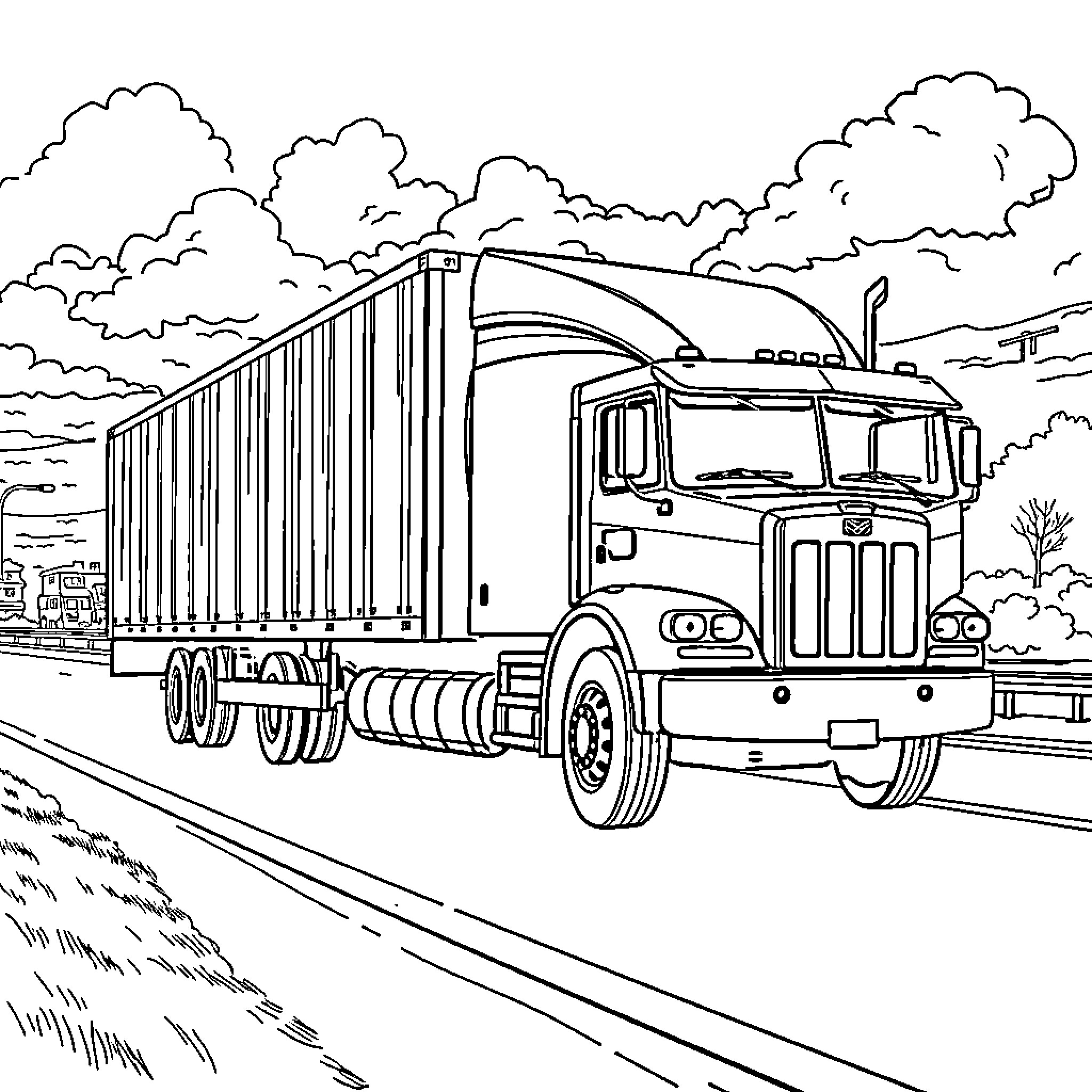 Truck transporting cargo on the road Coloring Page (free black-and-white line drawing printable PDF for all, from beginners to advanced learners, including children, teens, adults, and seniors)