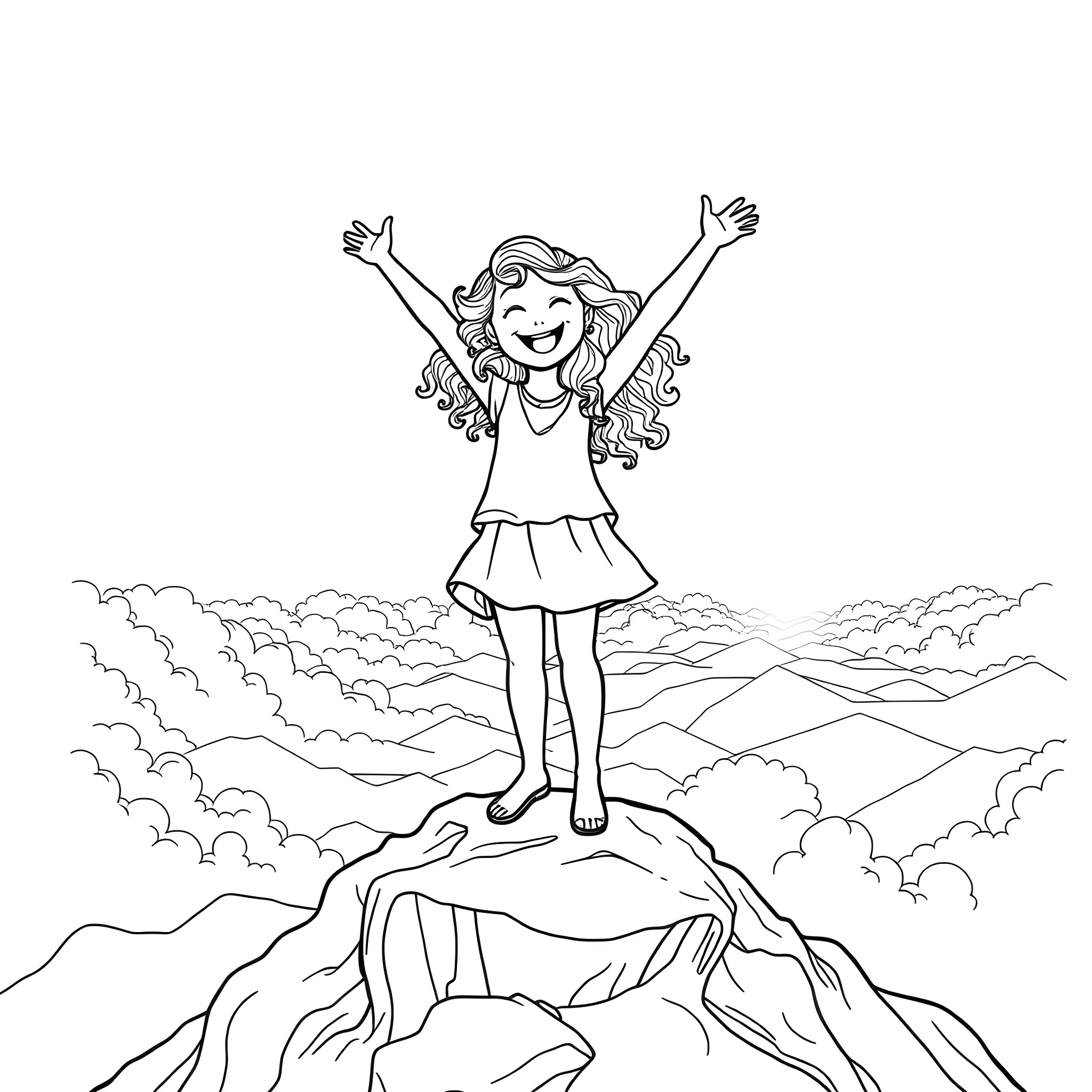 Girl standing triumphantly on mountain peak Coloring Page (free black-and-white line drawing printable PDF for all, from beginners to advanced learners, including children, teens, adults, and seniors)