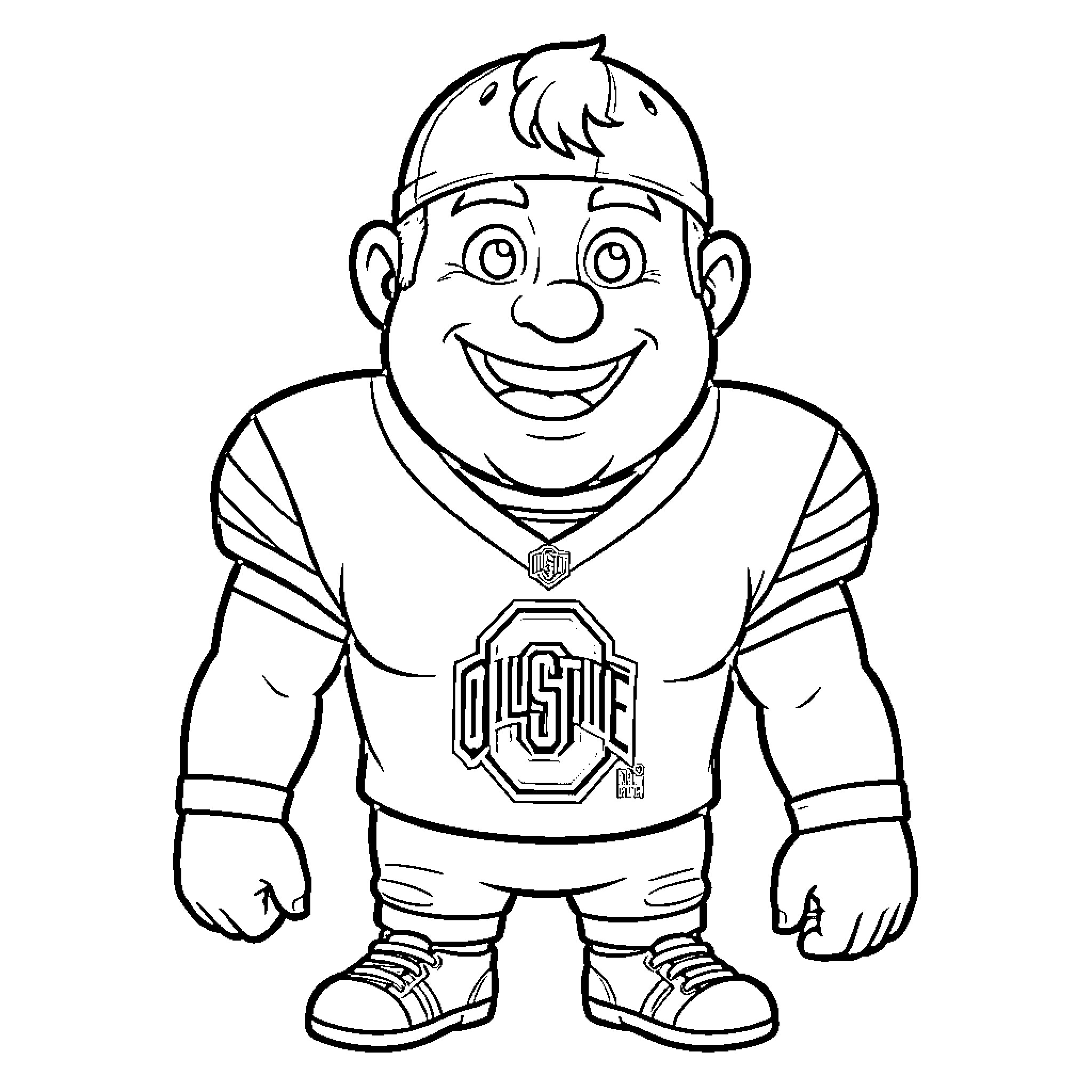 Brutus the Buckeye Mascot in Sports Uniform Coloring Page (free black-and-white line drawing printable PDF for all, from beginners to advanced learners, including children, teens, adults, and seniors)