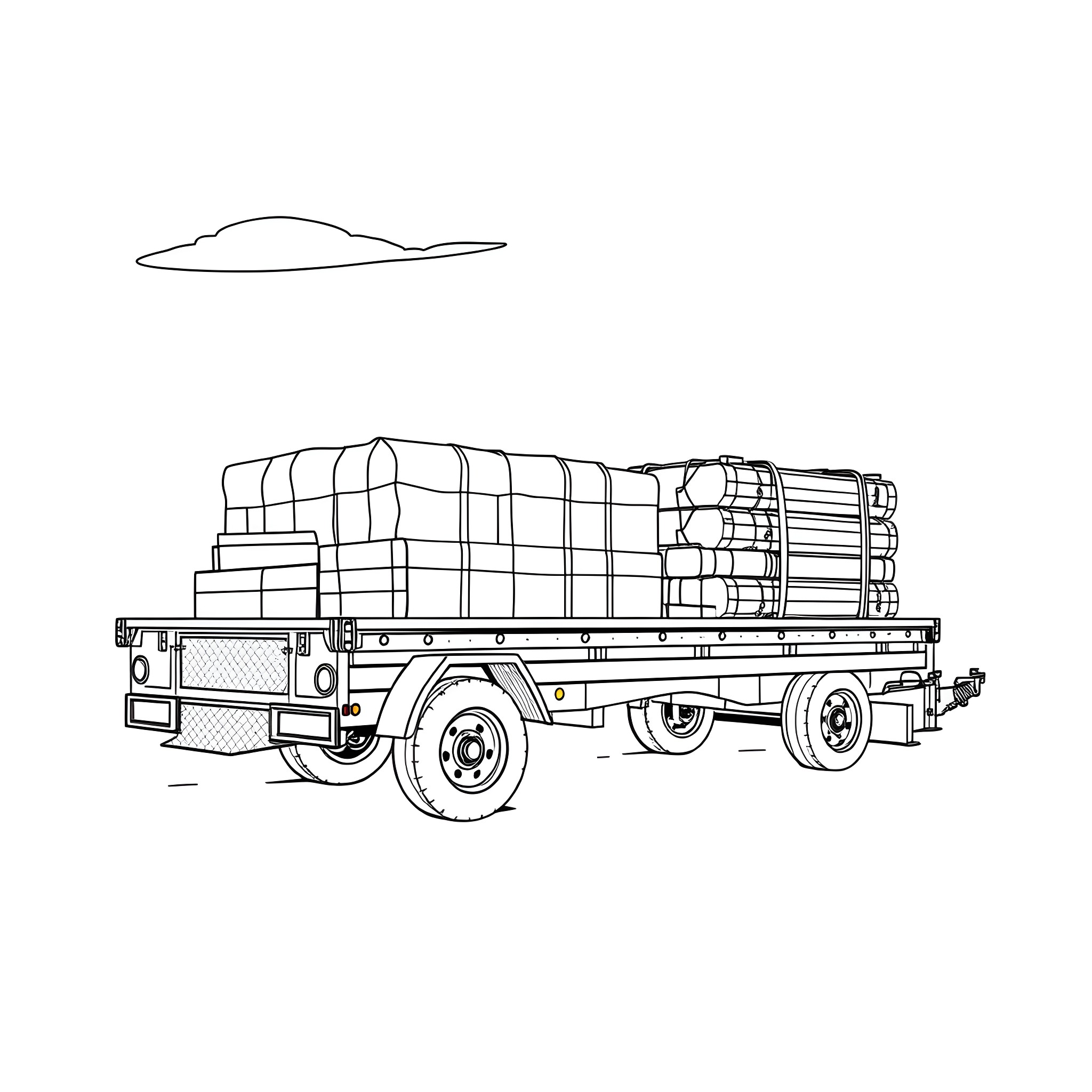 Car Trailer Transporting Cargo on Highway Coloring Page (free black-and-white line drawing printable PDF for all, from beginners to advanced learners, including children, teens, adults, and seniors)