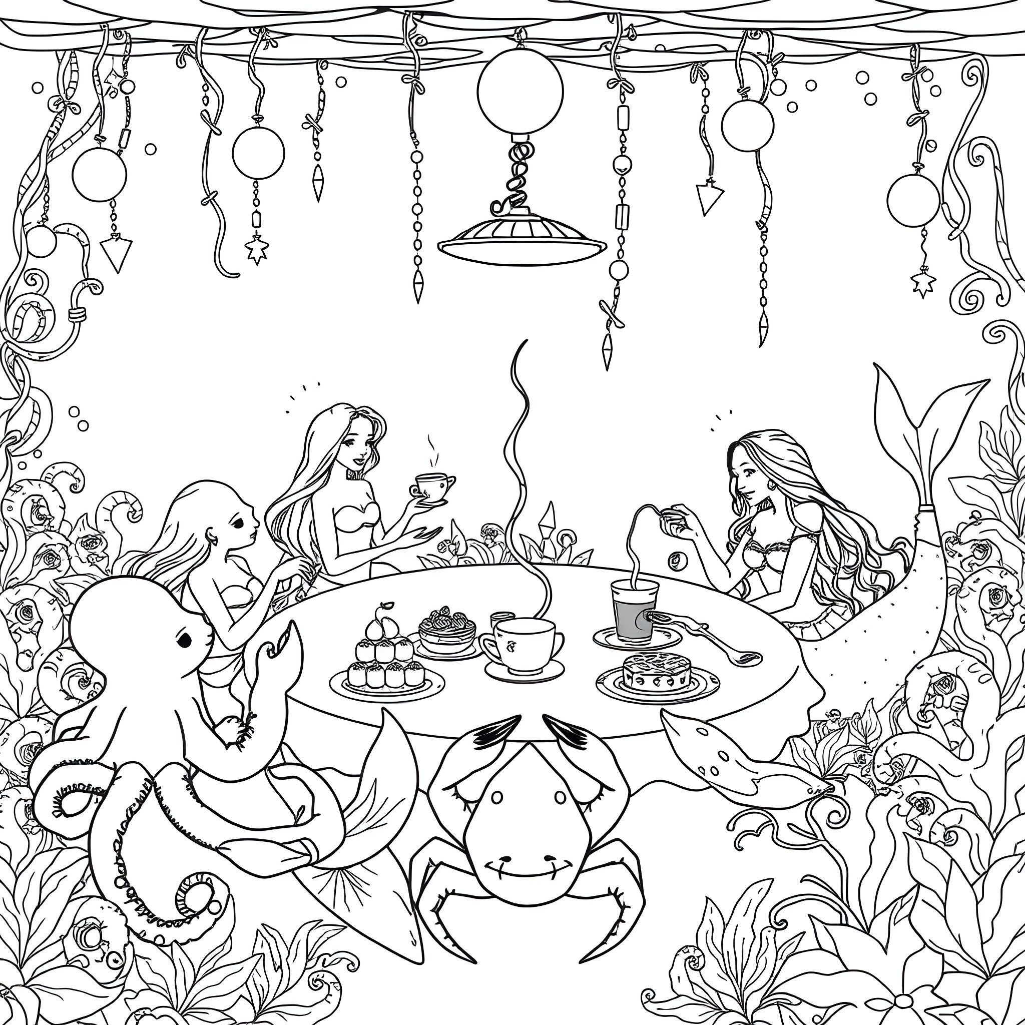 Mermaid friends having a whimsical tea party underwater Coloring Page (free black-and-white line drawing printable PDF for all, from beginners to advanced learners, including children, teens, adults, and seniors)