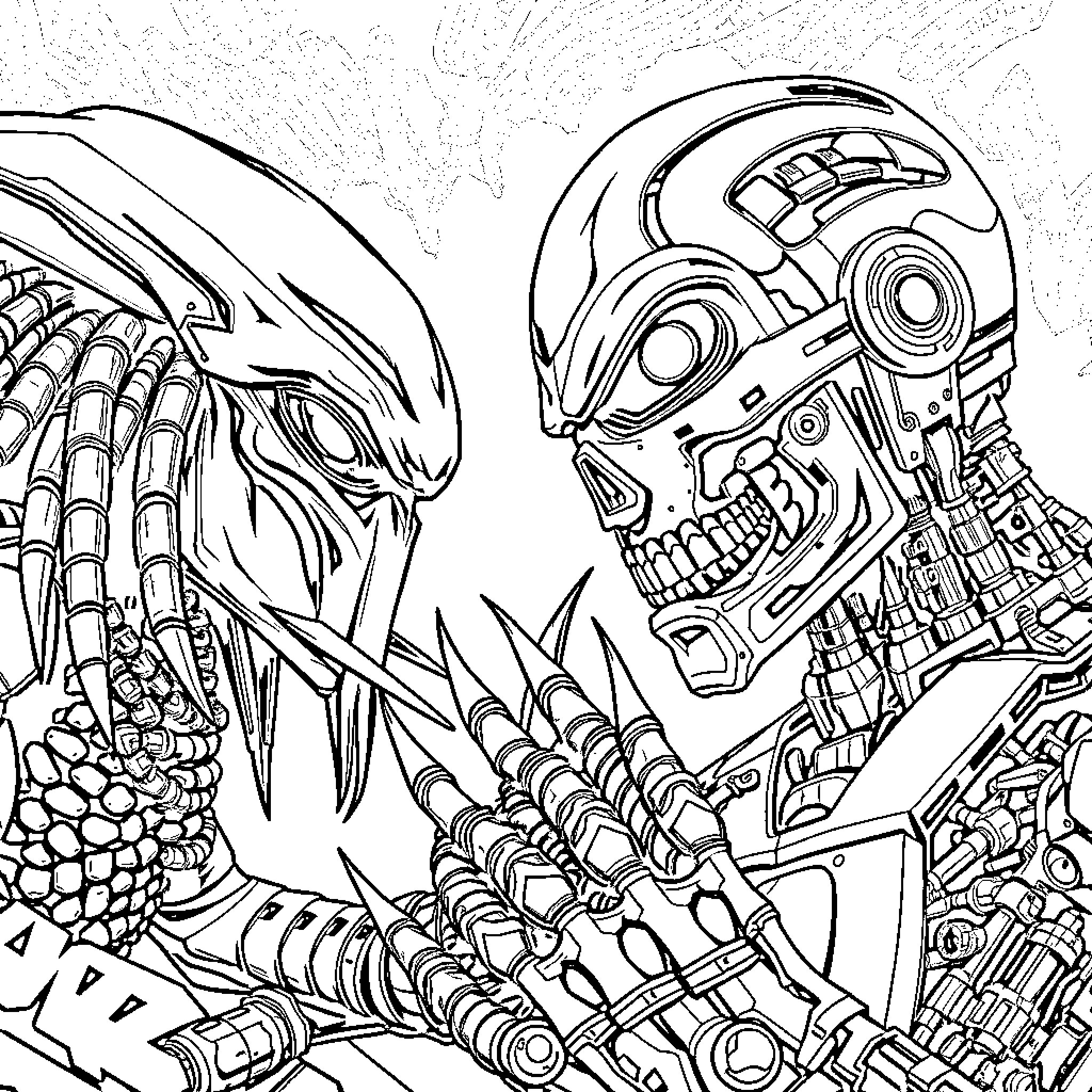 Predator vs Cyborg in Intense Confrontation Coloring Page (free black-and-white line drawing printable PDF for all, from beginners to advanced learners, including children, teens, adults, and seniors)