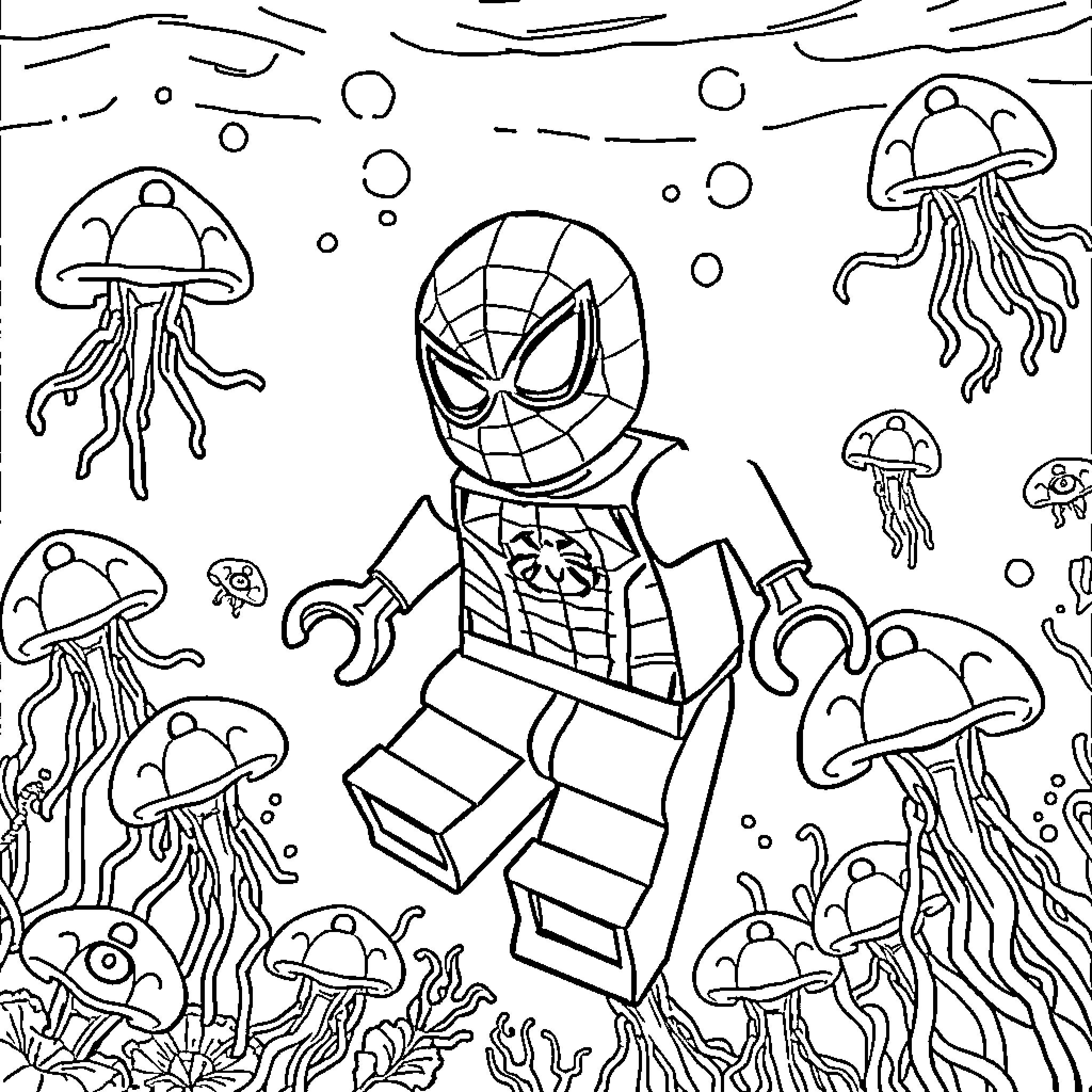 Lego Spiderman explores underwater world with jellyfish Coloring Page (free black-and-white line drawing printable PDF for all, from beginners to advanced learners, including children, teens, adults, and seniors)