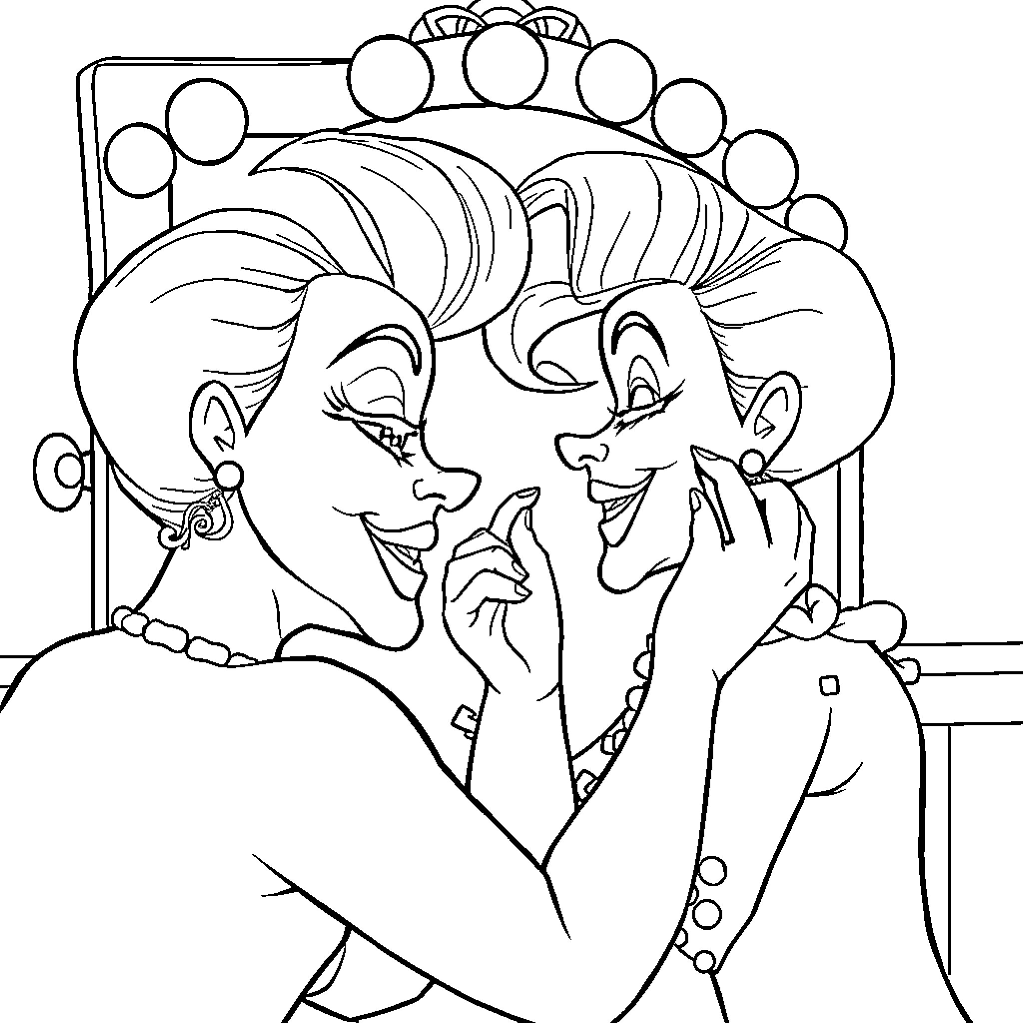 Ursula and Vanessa's Playful Interaction Coloring Page (free black-and-white line drawing printable PDF for all, from beginners to advanced learners, including children, teens, adults, and seniors)